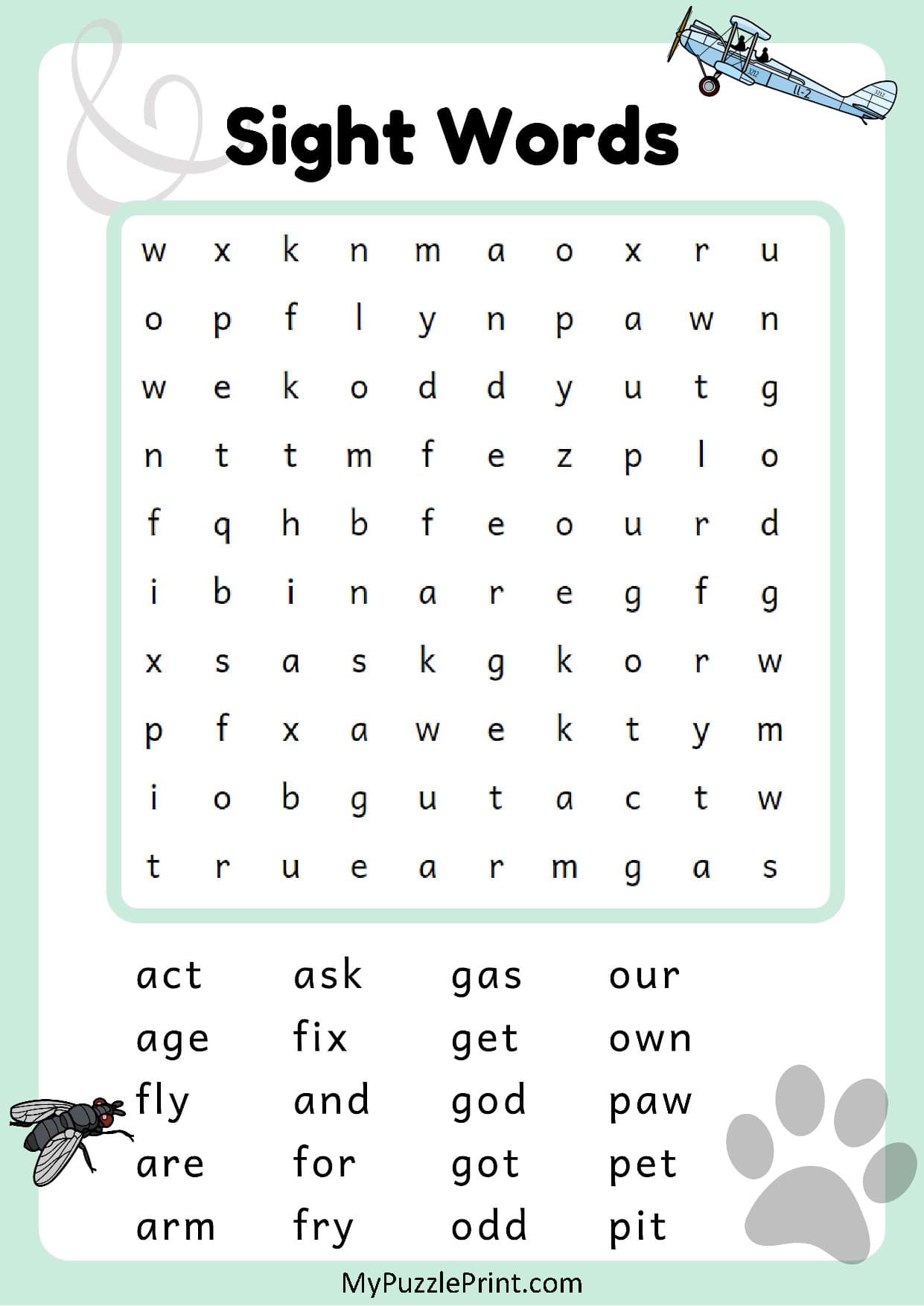 3-Letter Sight Words Word Search Puzzle #01 (Easy)