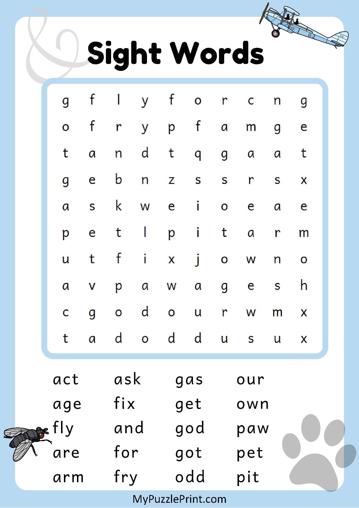 3-Letter Sight Words Word Search Puzzle #02 (Easy)