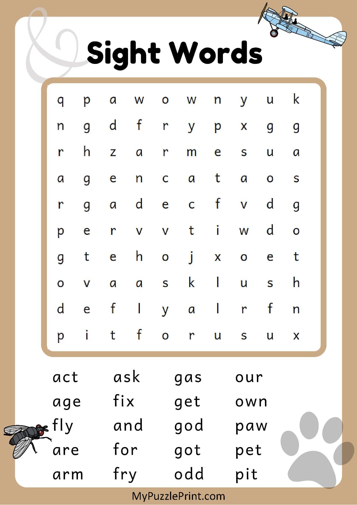 3-Letter Sight Words Word Search Puzzle #03 (Easy)