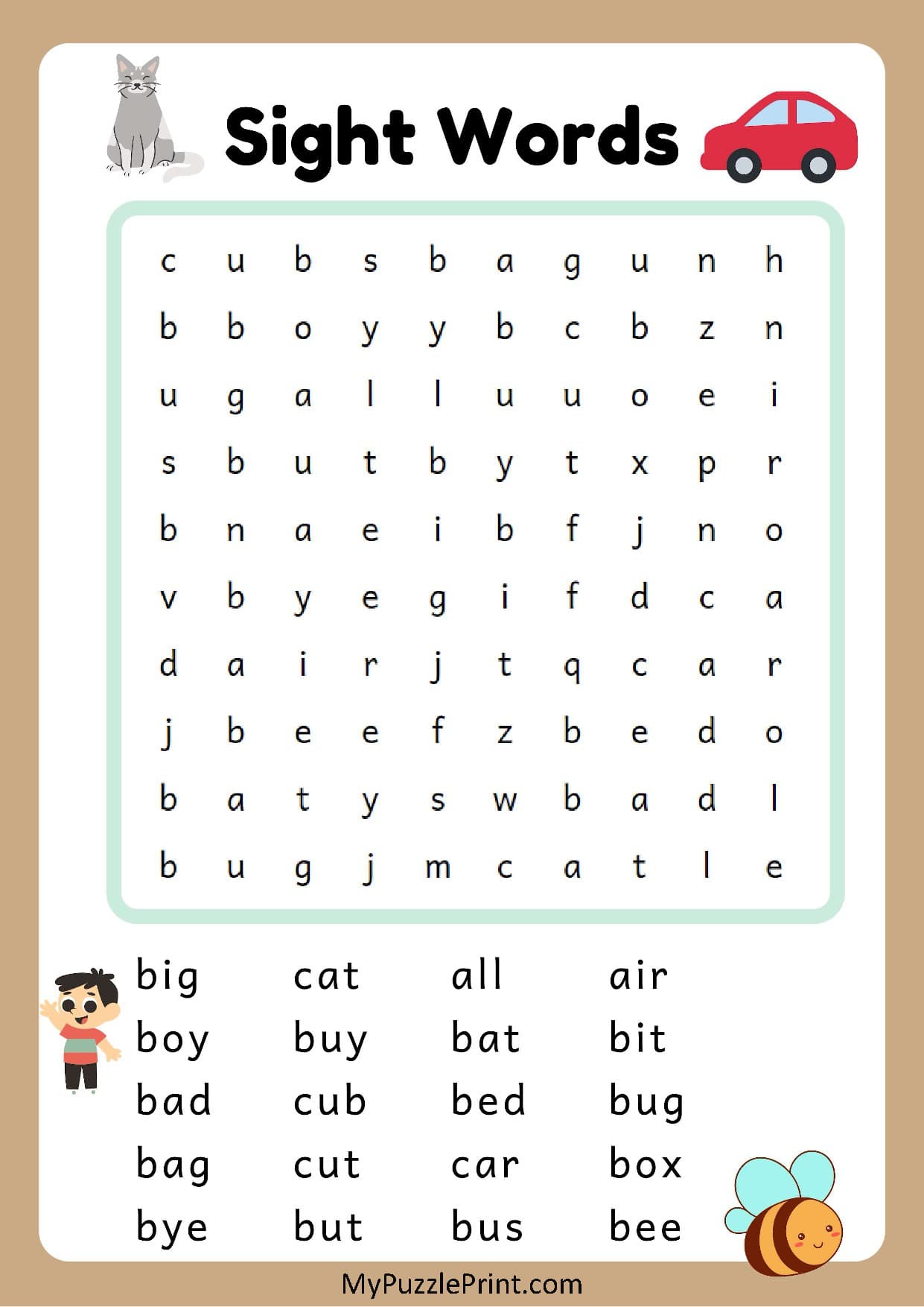3-Letter Sight Words Word Search Puzzle #06 (Easy)