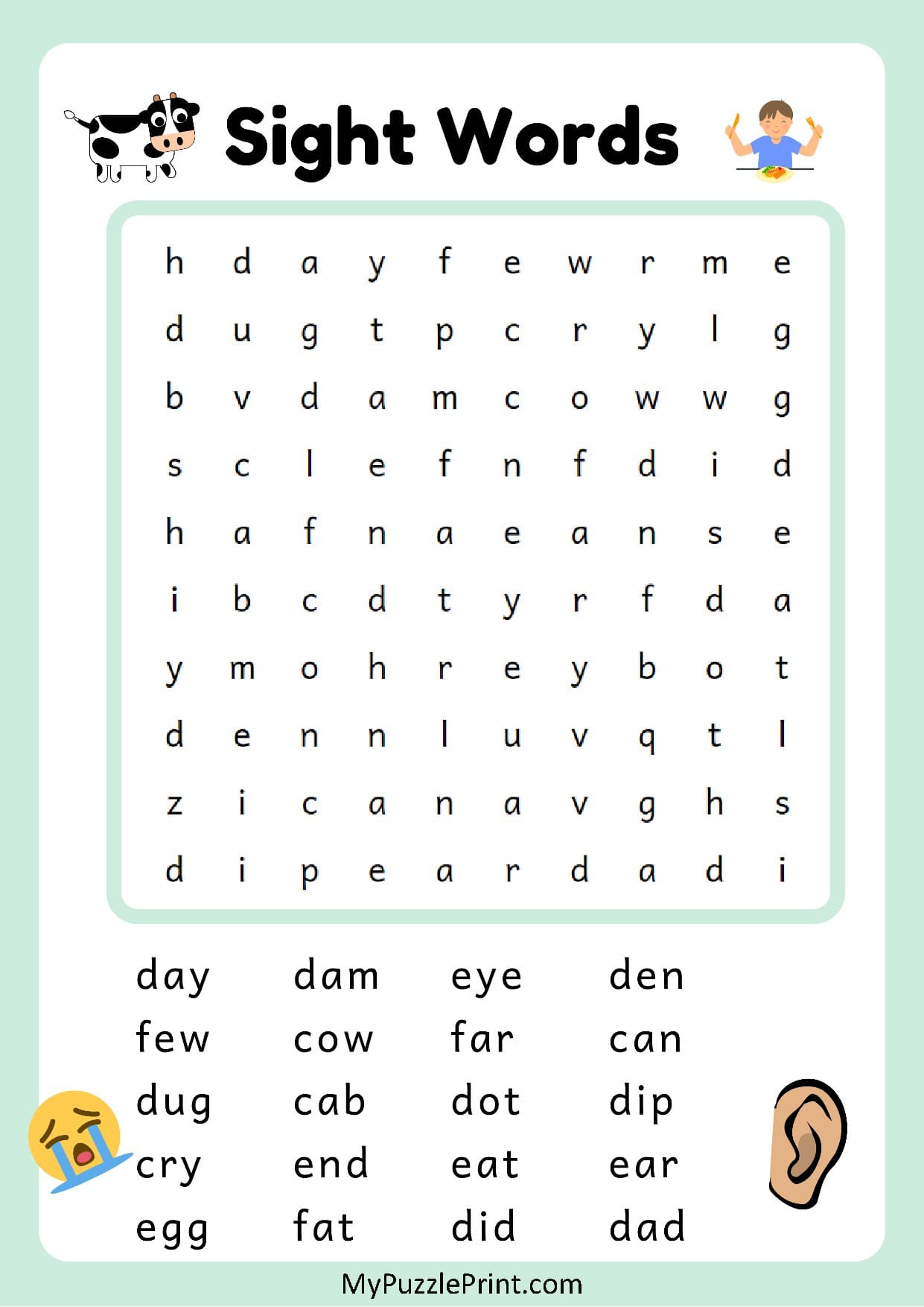 3-Letter Sight Words Word Search Puzzle #07 (Easy)