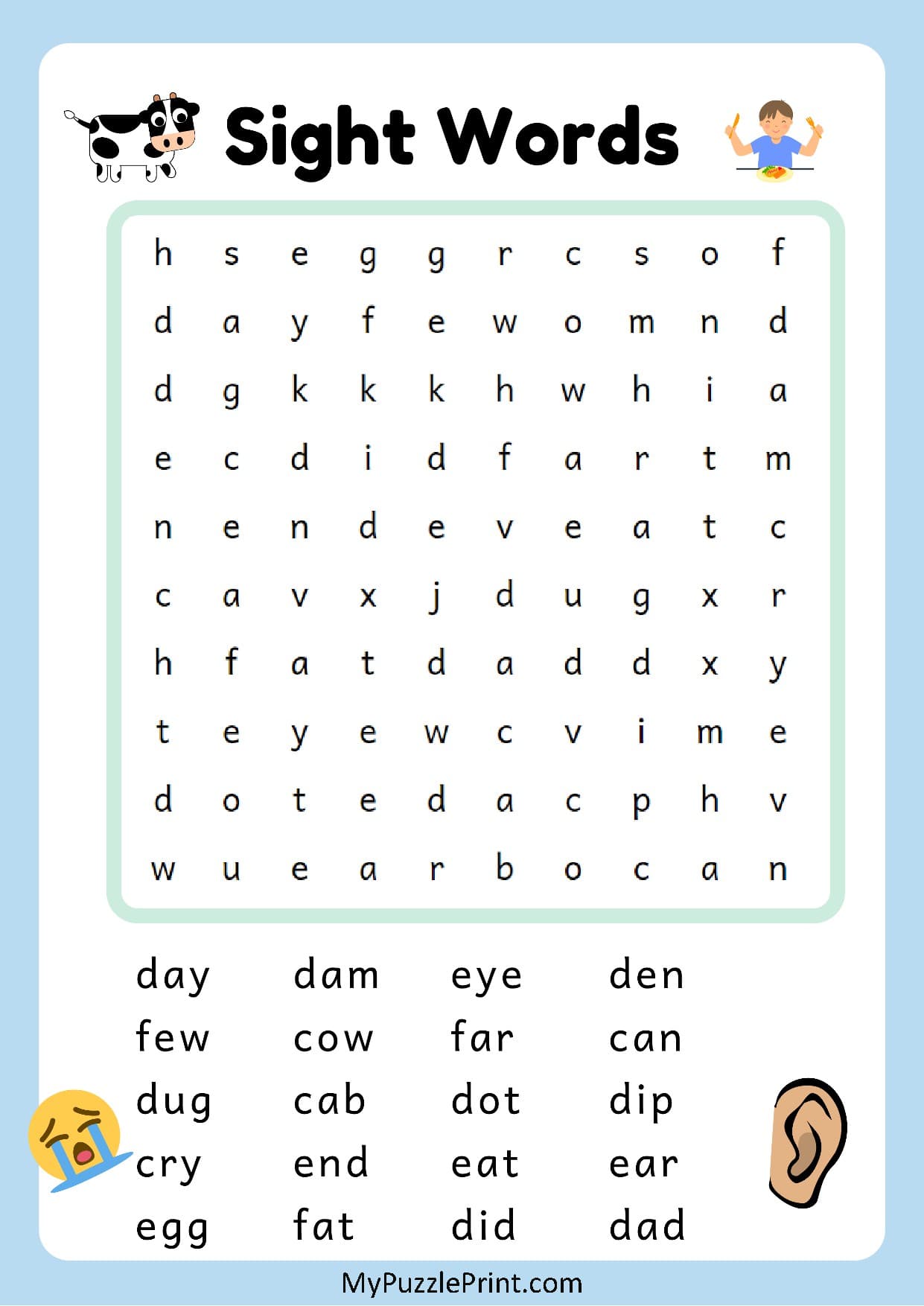 3-Letter Sight Words Word Search Puzzle #08 (Easy)