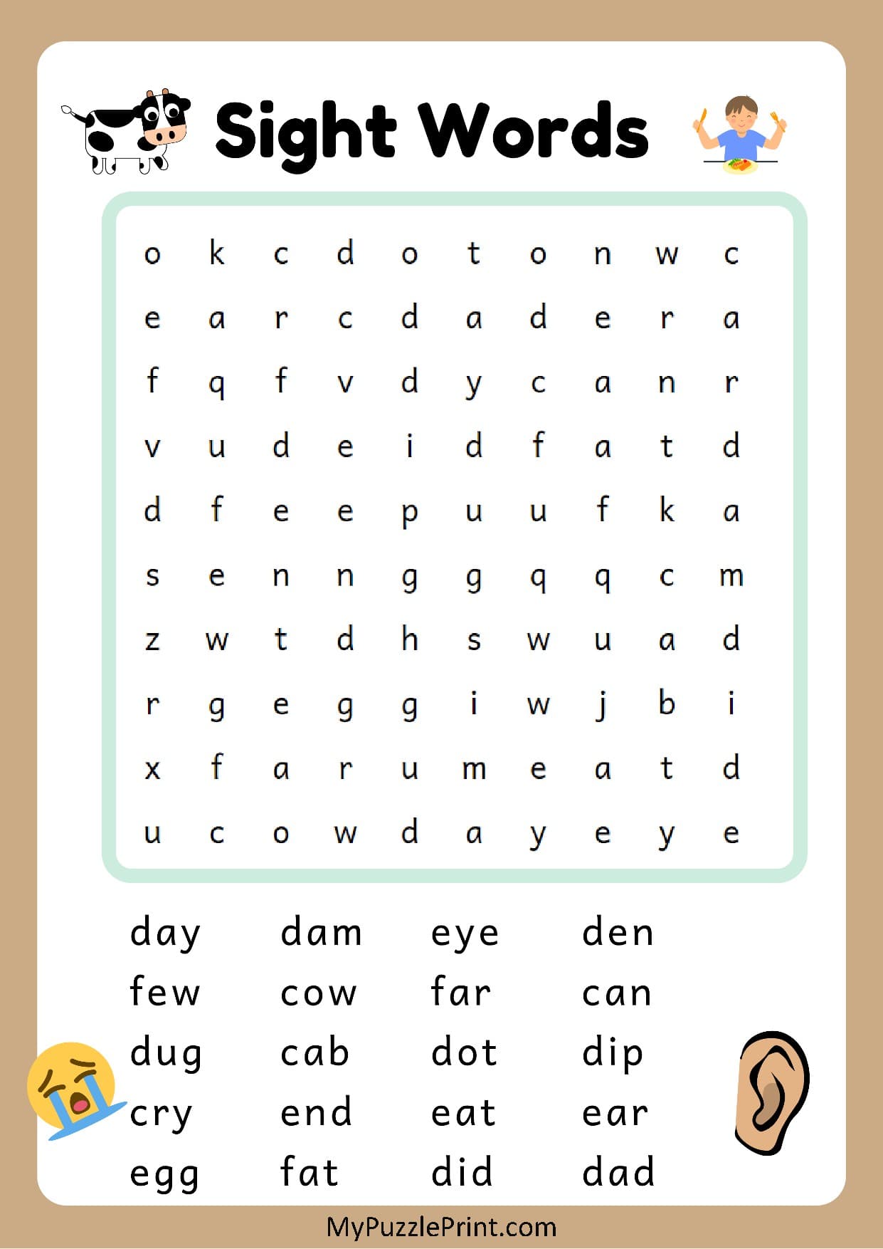 3-Letter Sight Words Word Search Puzzle #09 (Easy)