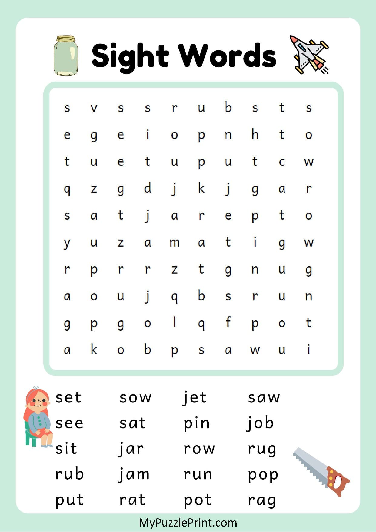 3-Letter Sight Words Word Search Puzzle #13 (Easy)