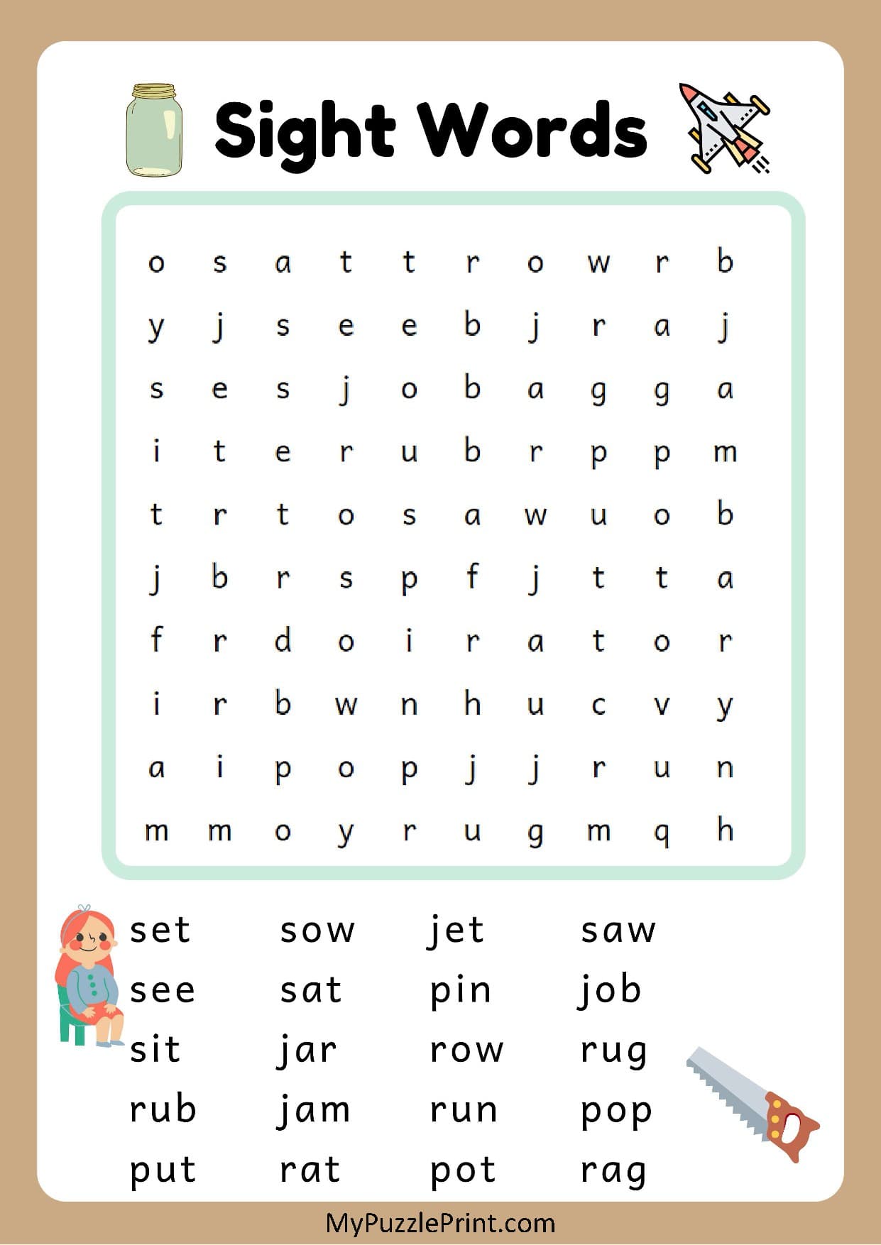 3-Letter Sight Words Word Search Puzzle #15 (Easy)