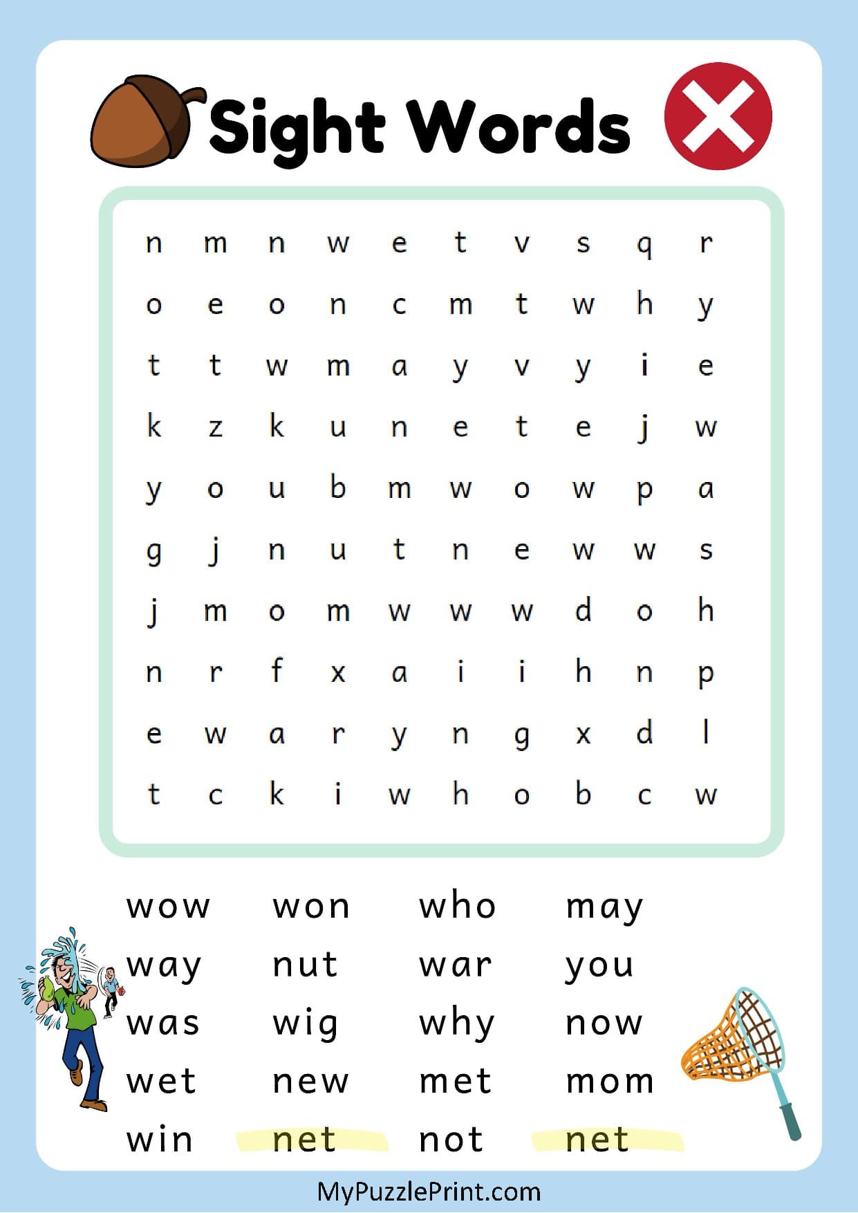 3-Letter Sight Words Word Search Puzzle #20 (Easy)