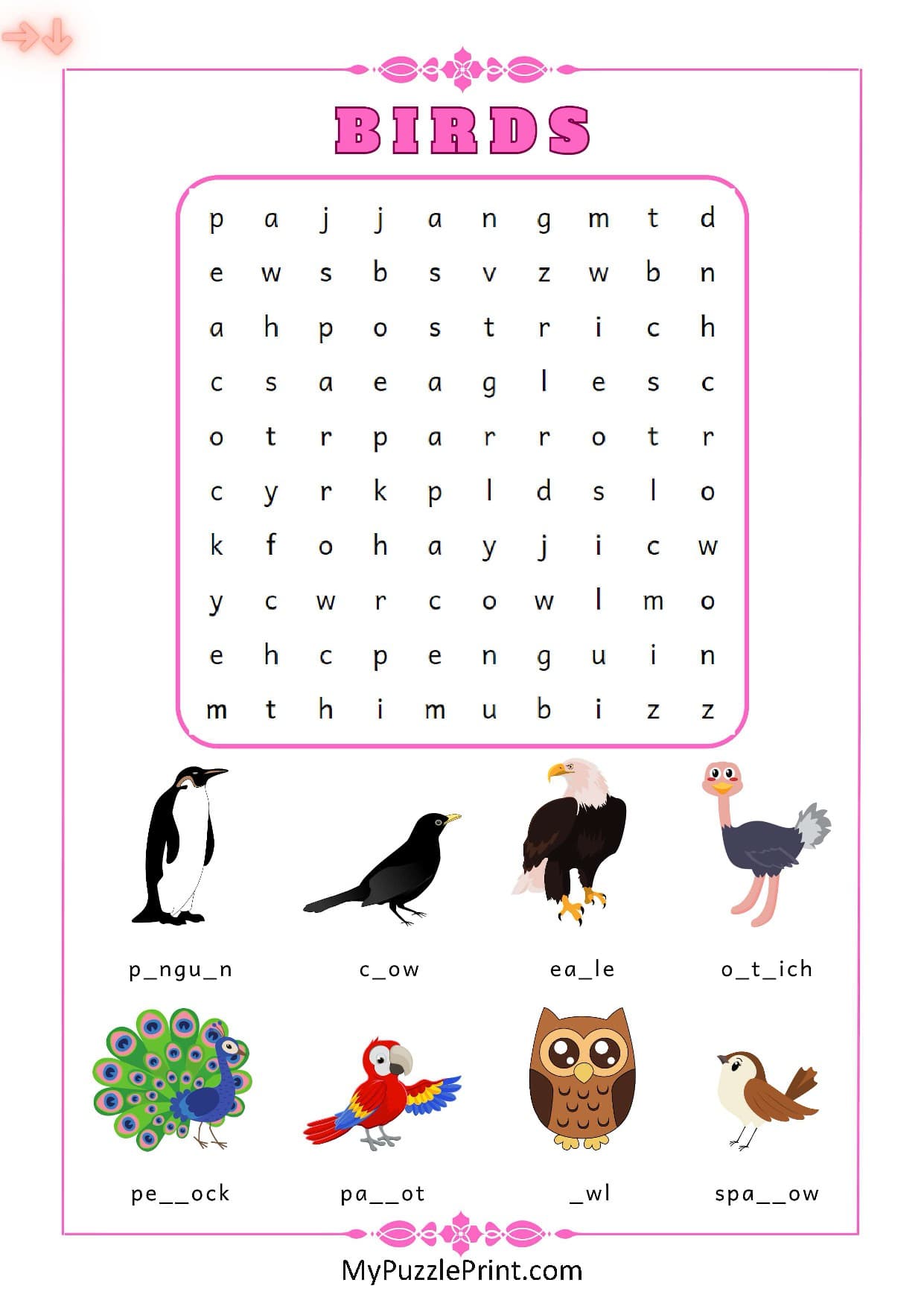 Bird Names Word Search Puzzle #02 (Medium)