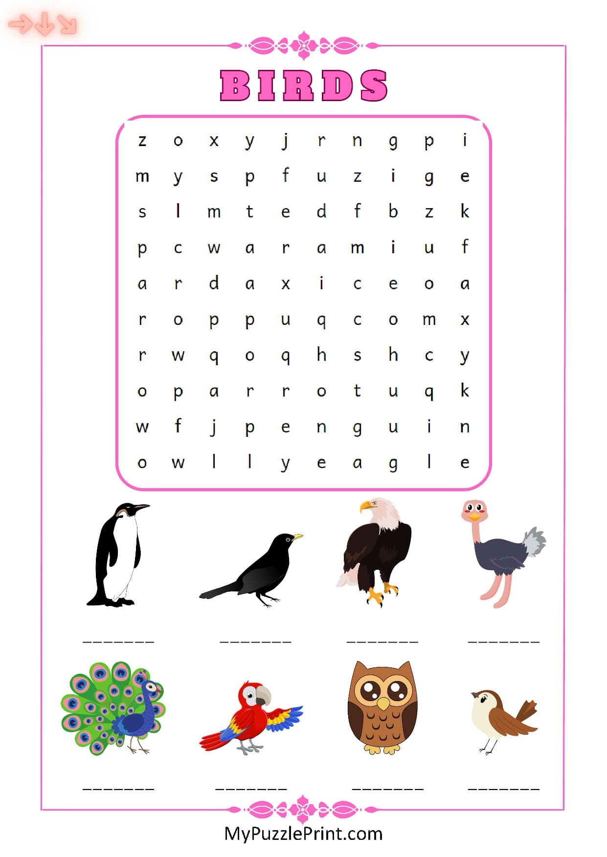 Bird Names Word Search Puzzle #09 (Hard)