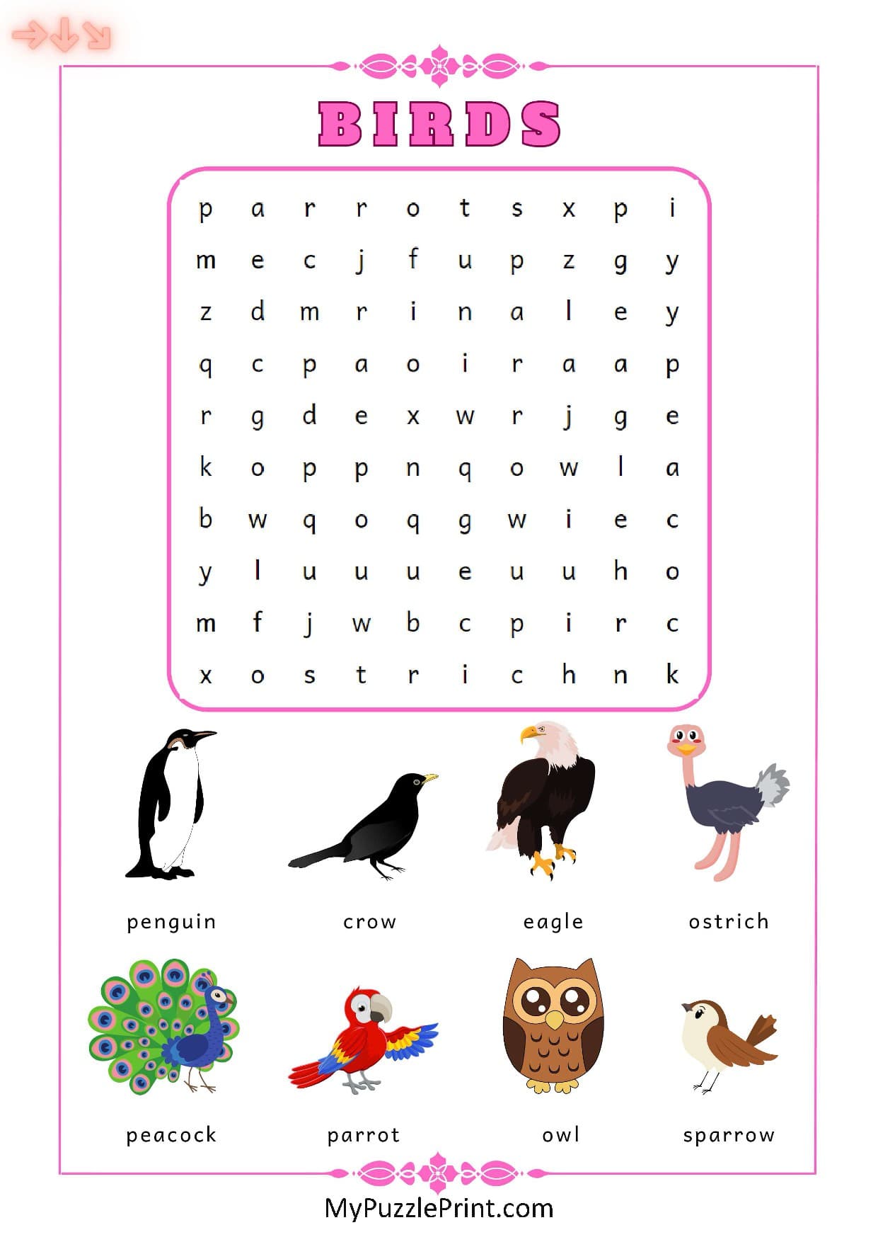 Bird Names Word Search Puzzle #10 (Easy)