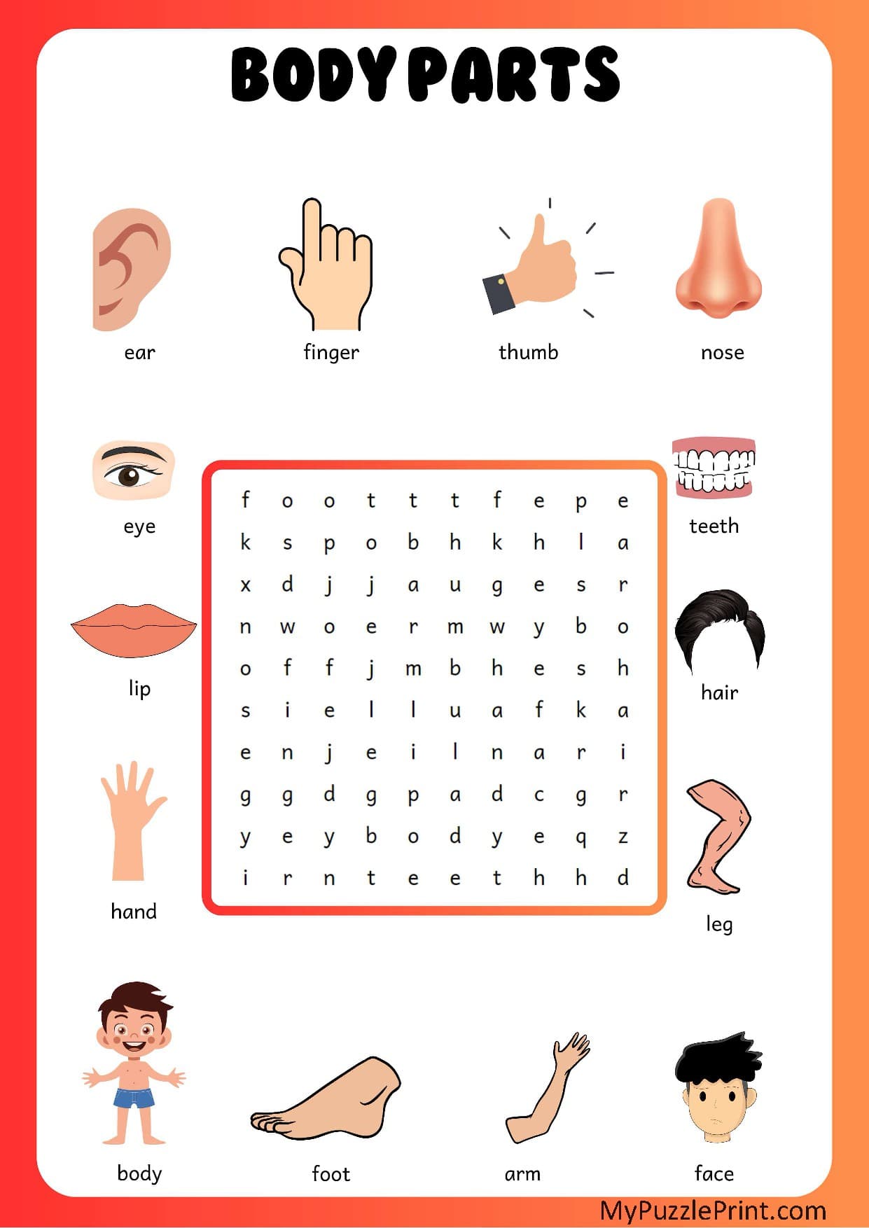 Body Parts Word Search Puzzle #01 (Easy)