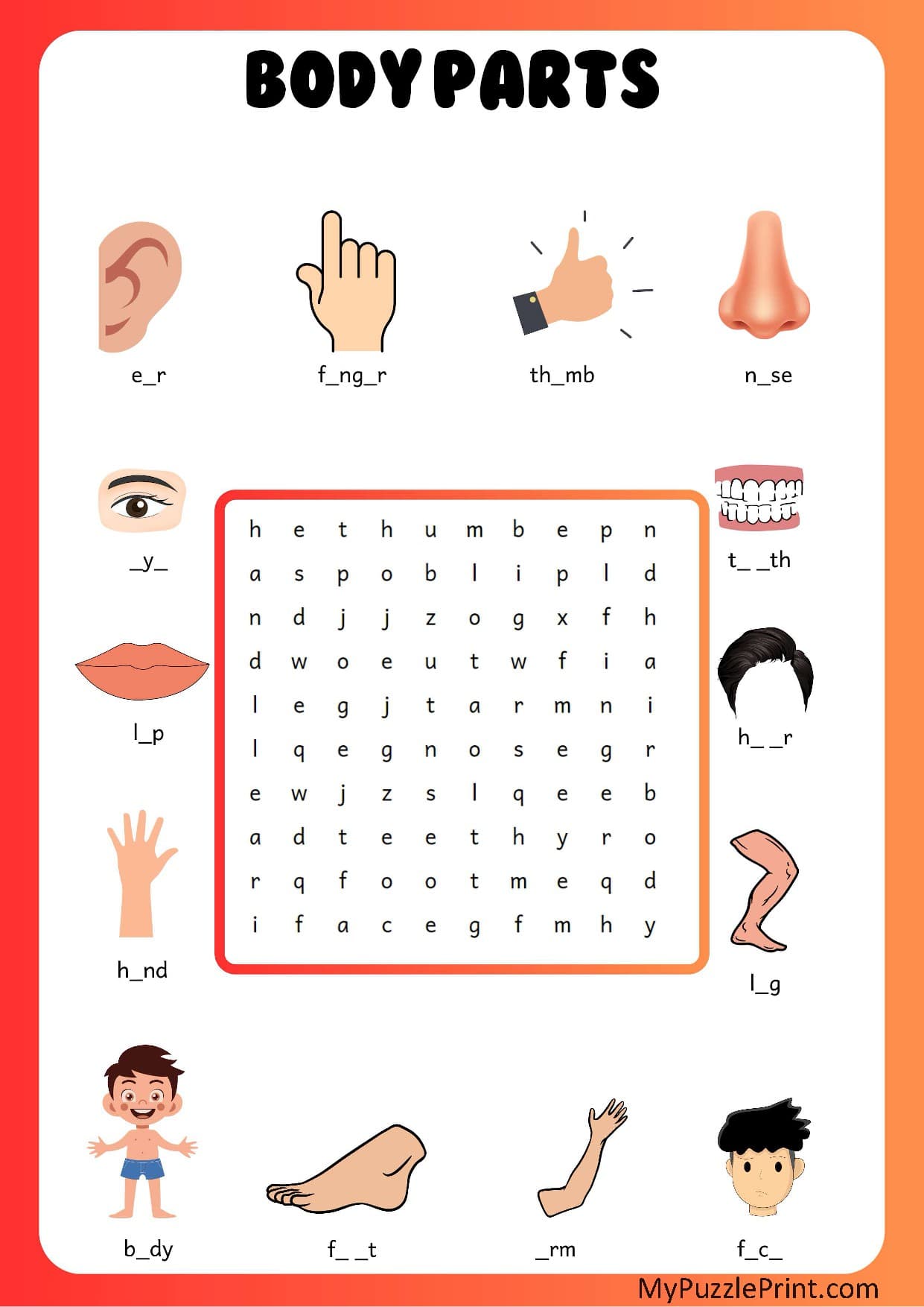 Body Parts Word Search Puzzle #02 (Medium)