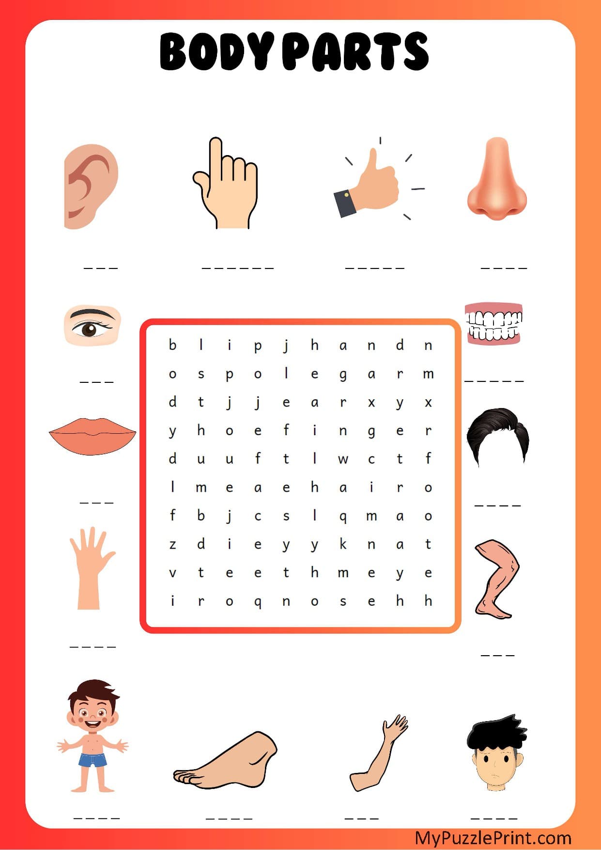 Body Parts Word Search Puzzle #03 (Hard)