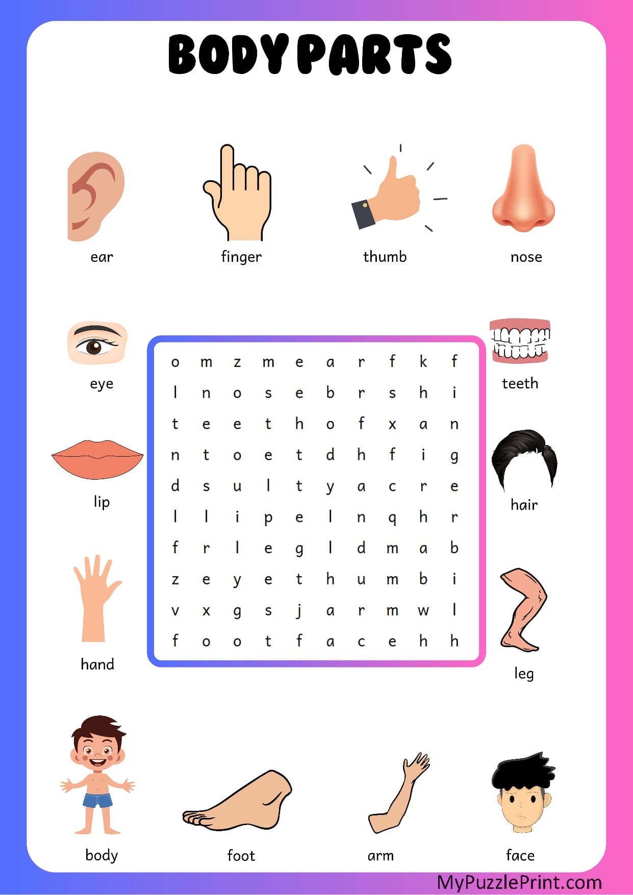 Body Parts Word Search Puzzle #04 (Easy)
