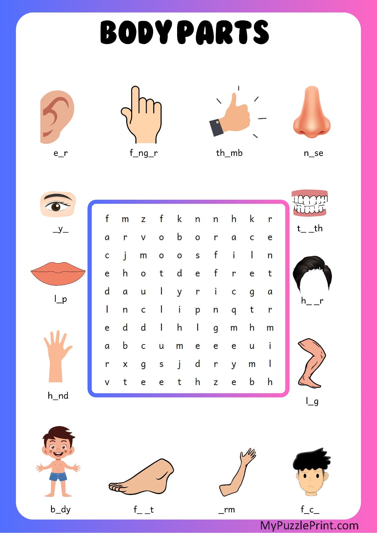 Body Parts Word Search Puzzle #05 (Medium)