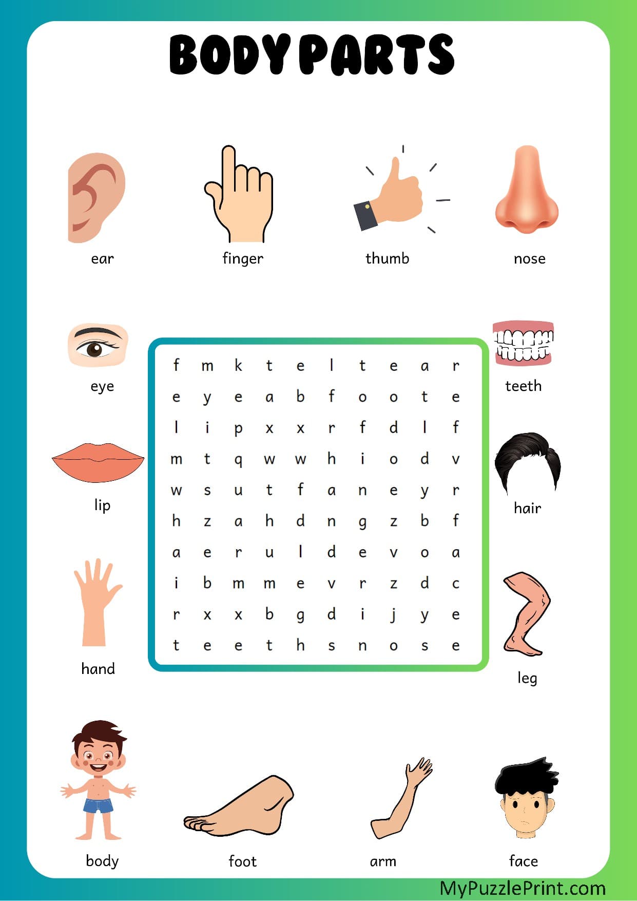 Body Parts Word Search Puzzle #07 (Easy)