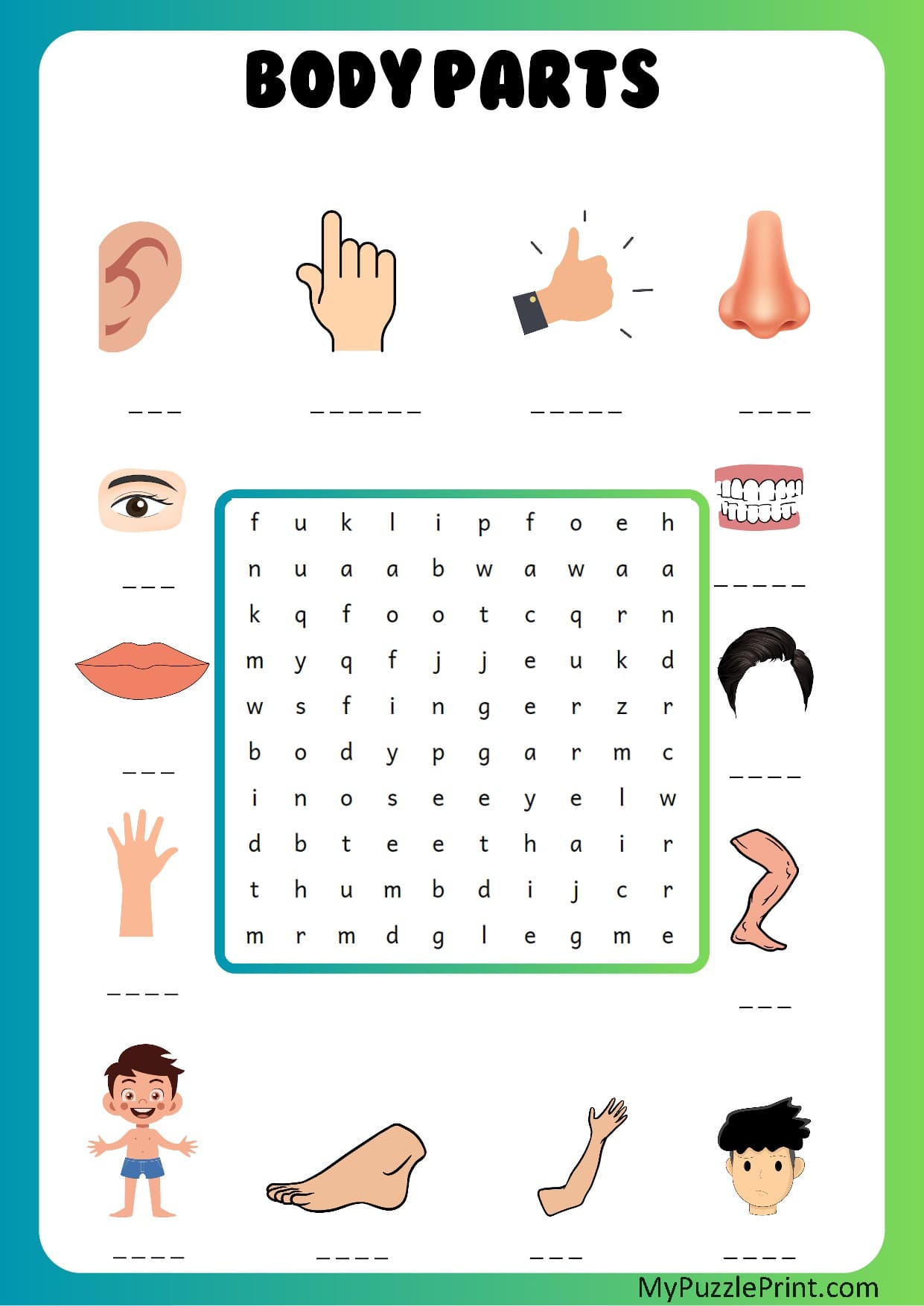 Body Parts Word Search Puzzle #09 (Hard)