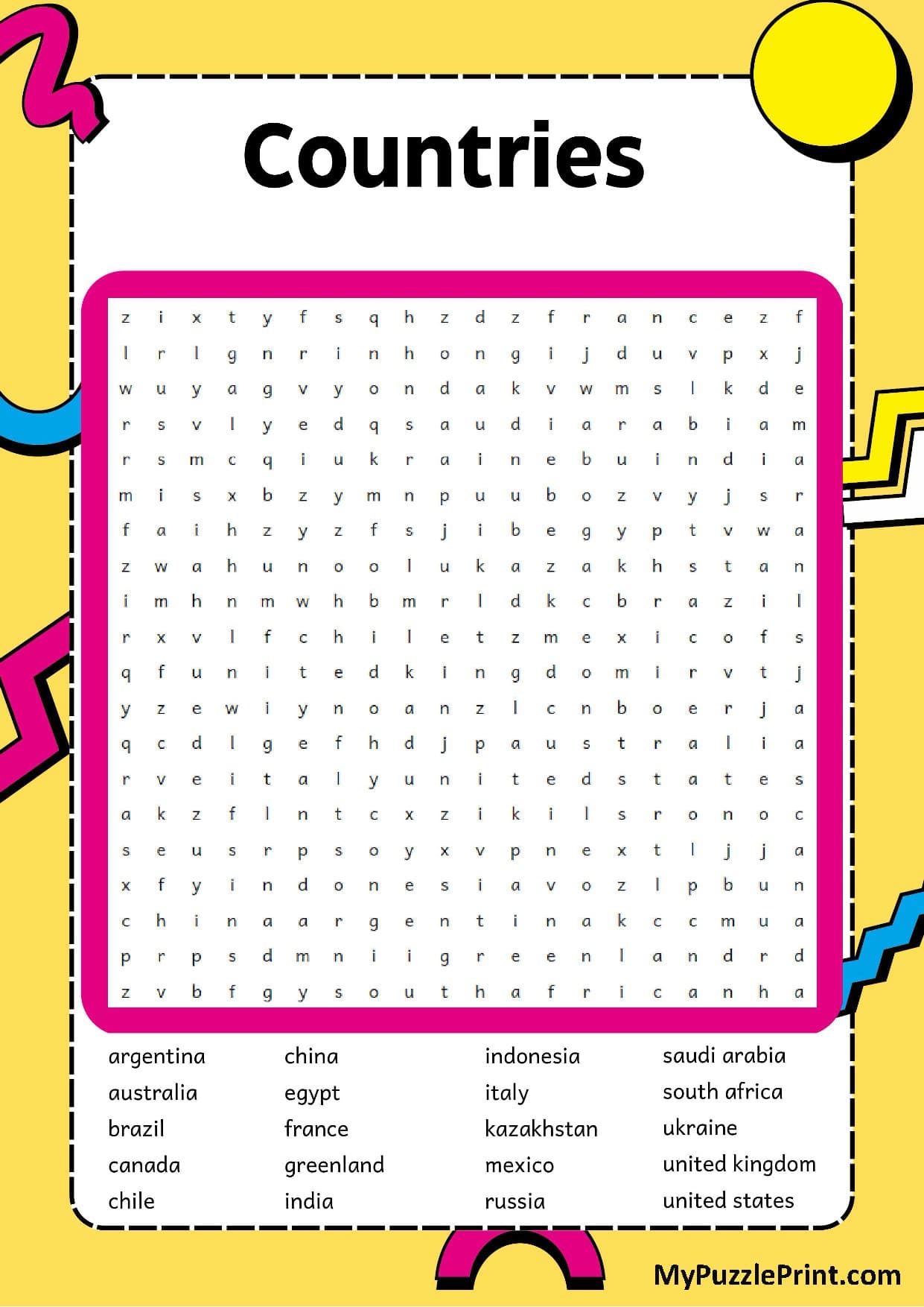 Country Names Word Search Puzzle #01 (Hard)