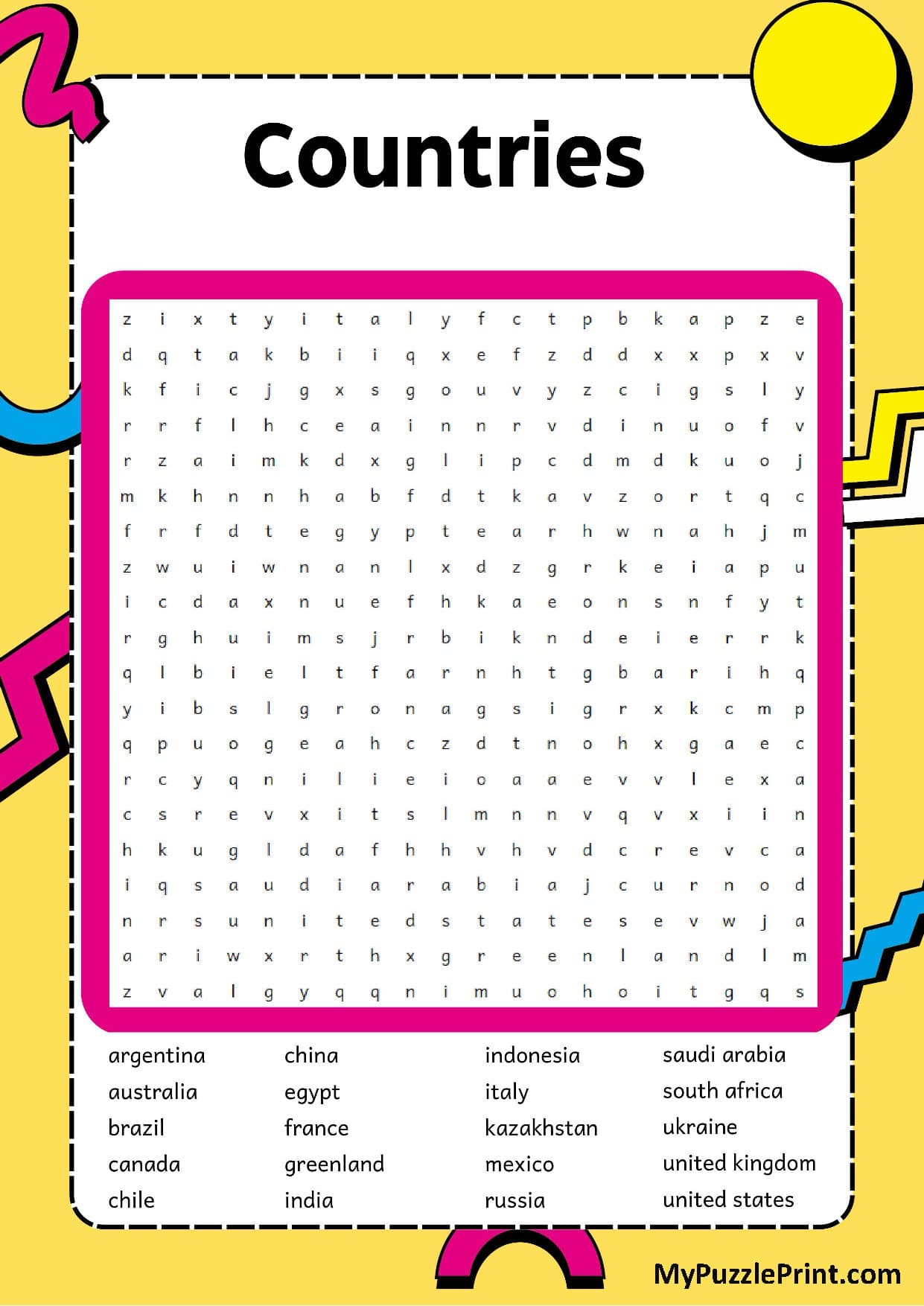 Country Names Word Search Puzzle #02 (Hard)