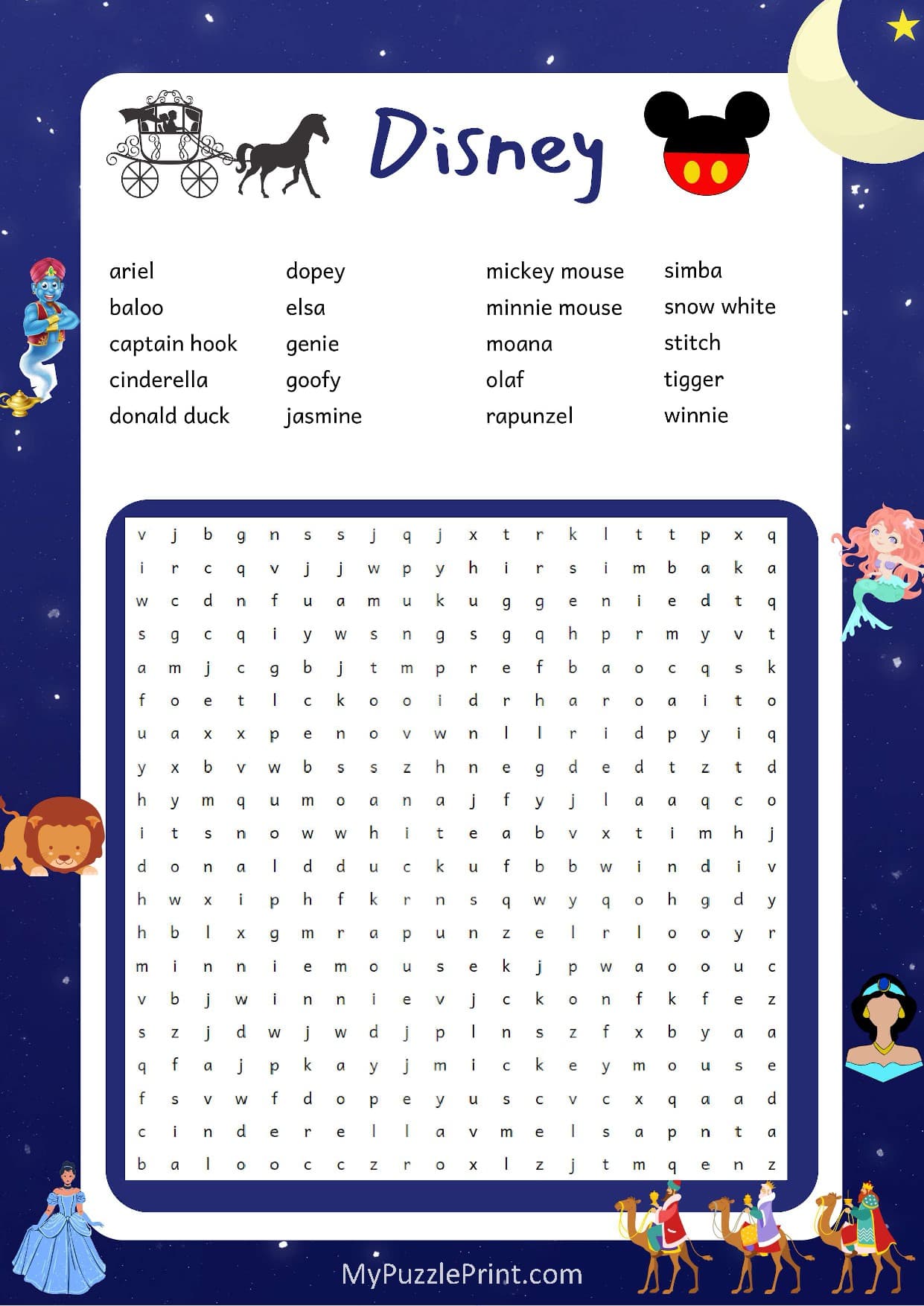 Disney Characters Word Search Puzzle #01 (Hard)