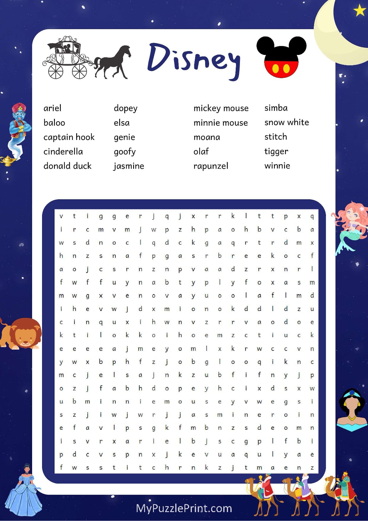 Disney Characters Word Search Puzzle #05 (Hard)