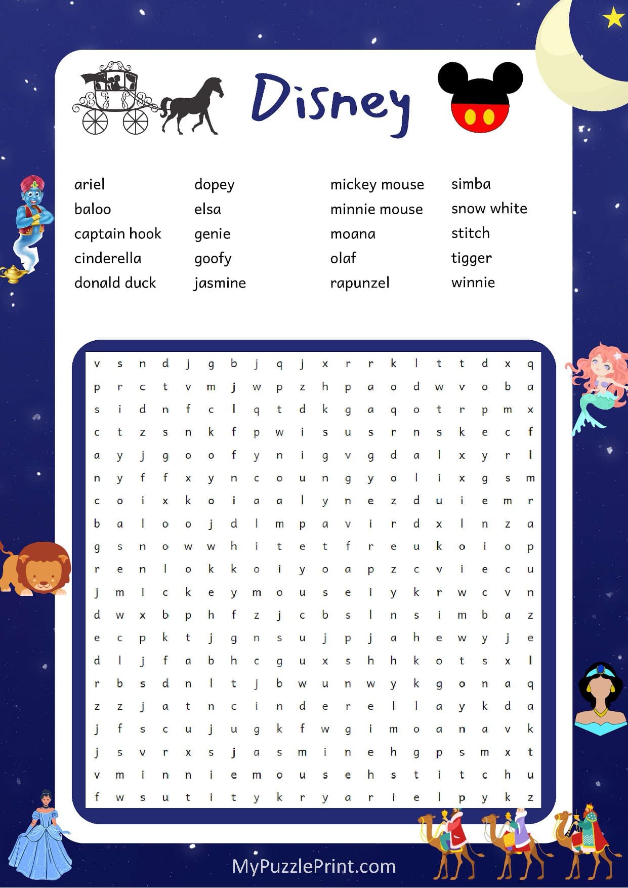 Disney Characters Word Search Puzzle #06 (Hard)