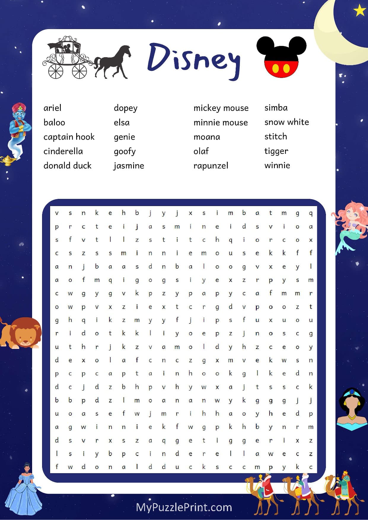 Disney Characters Word Search Puzzle #08 (Hard)