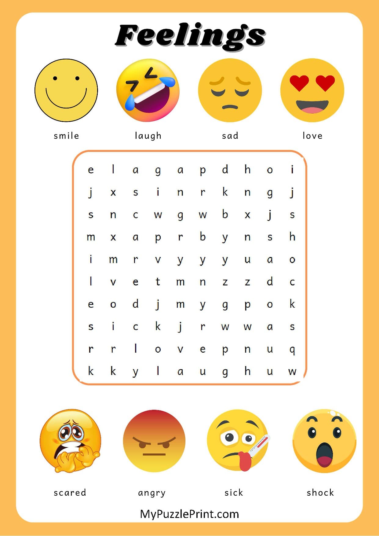 Feelings & Emotions Word Search Puzzle #01 (Easy)