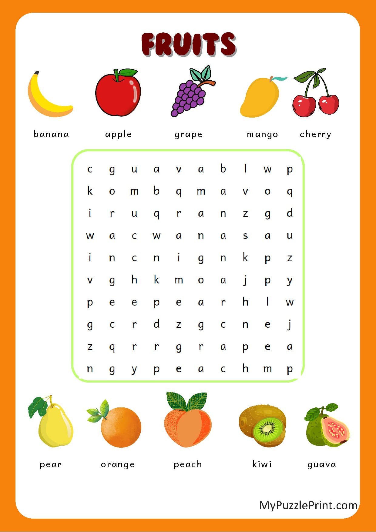 Sopa de Letras Nombres de Frutas #01 (Fácil)