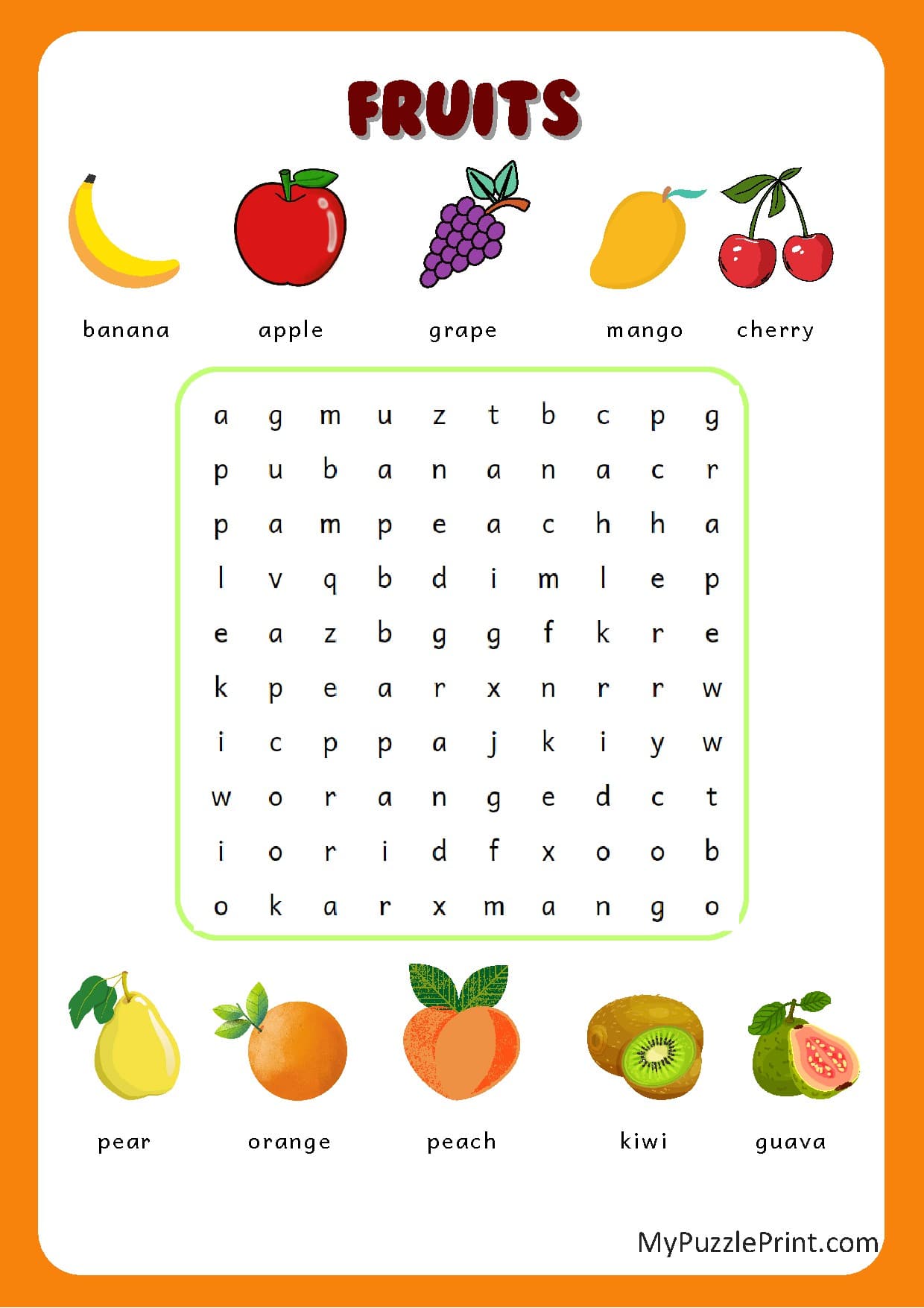 Fruit Names Word Search Puzzle #07 (Easy)
