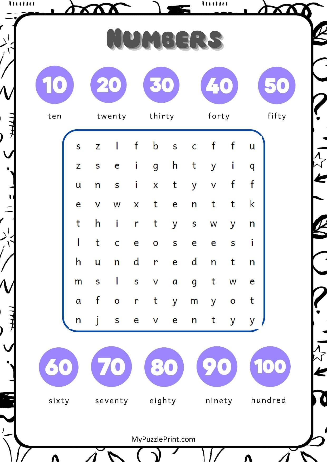Multiples of 10 Word Search Puzzle #01 (Easy)