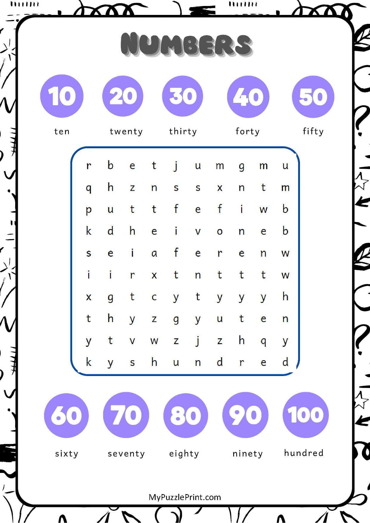 Multiples of 10 Word Search Puzzle #04 (Easy)