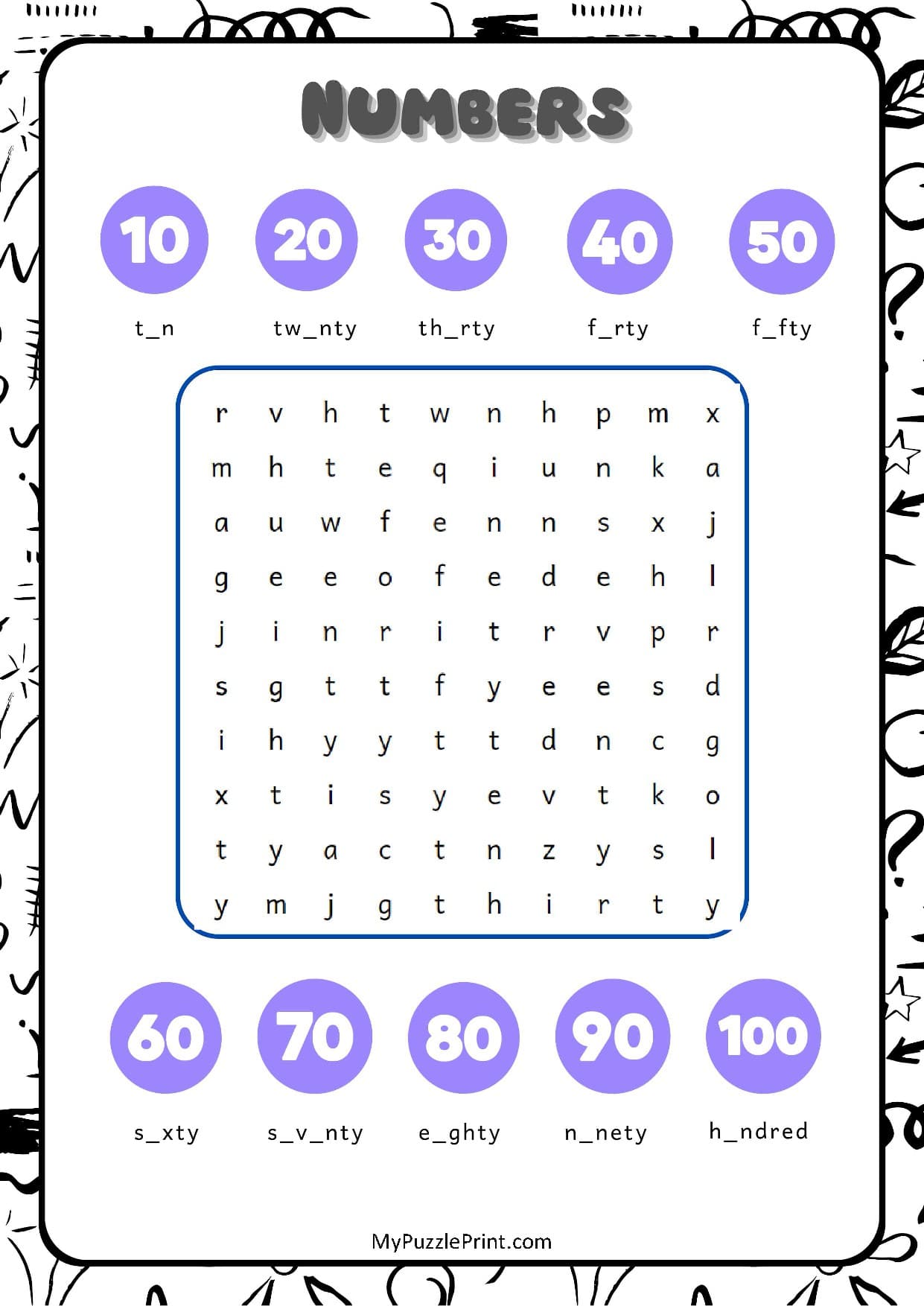 Multiples of 10 Word Search Puzzle #05 (Medium)