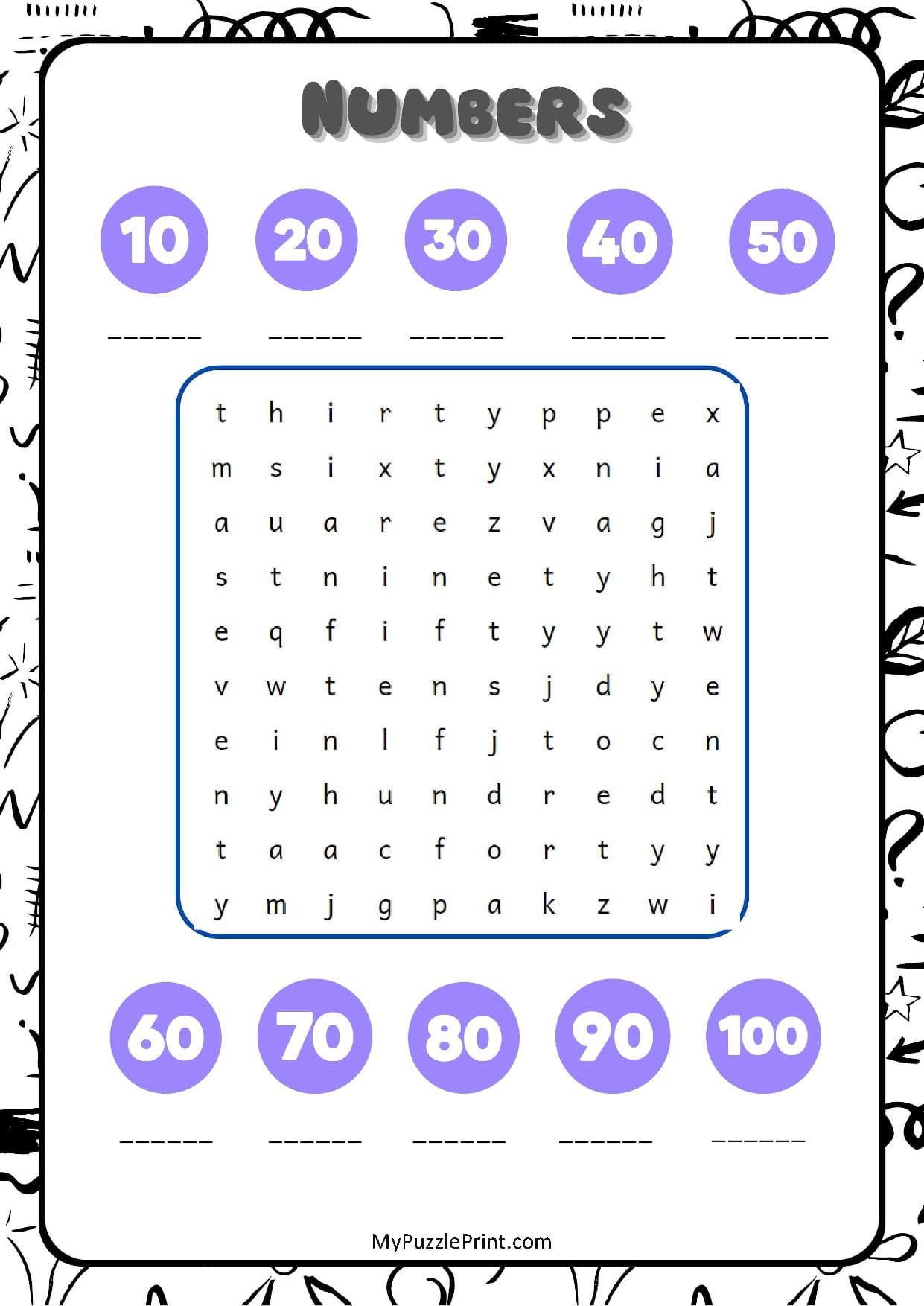 Multiples of 10 Word Search Puzzle #06 (Hard)