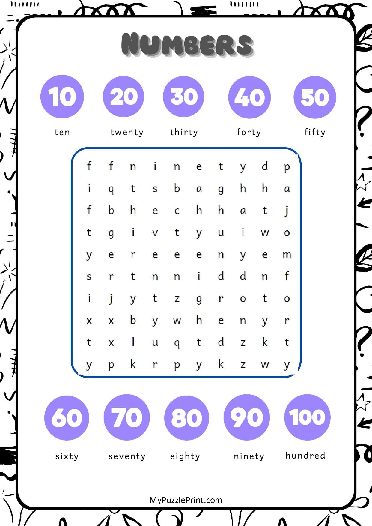 Multiples of 10 Word Search Puzzle #07 (Easy)