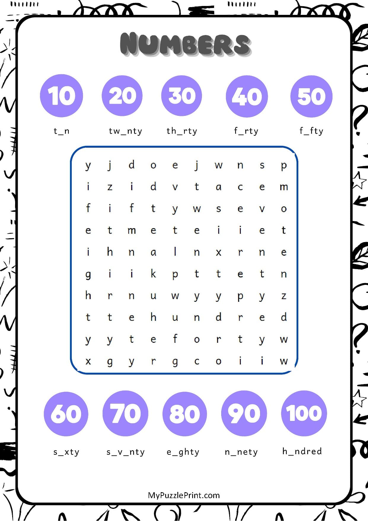 Multiples of 10 Word Search Puzzle #08 (Medium)