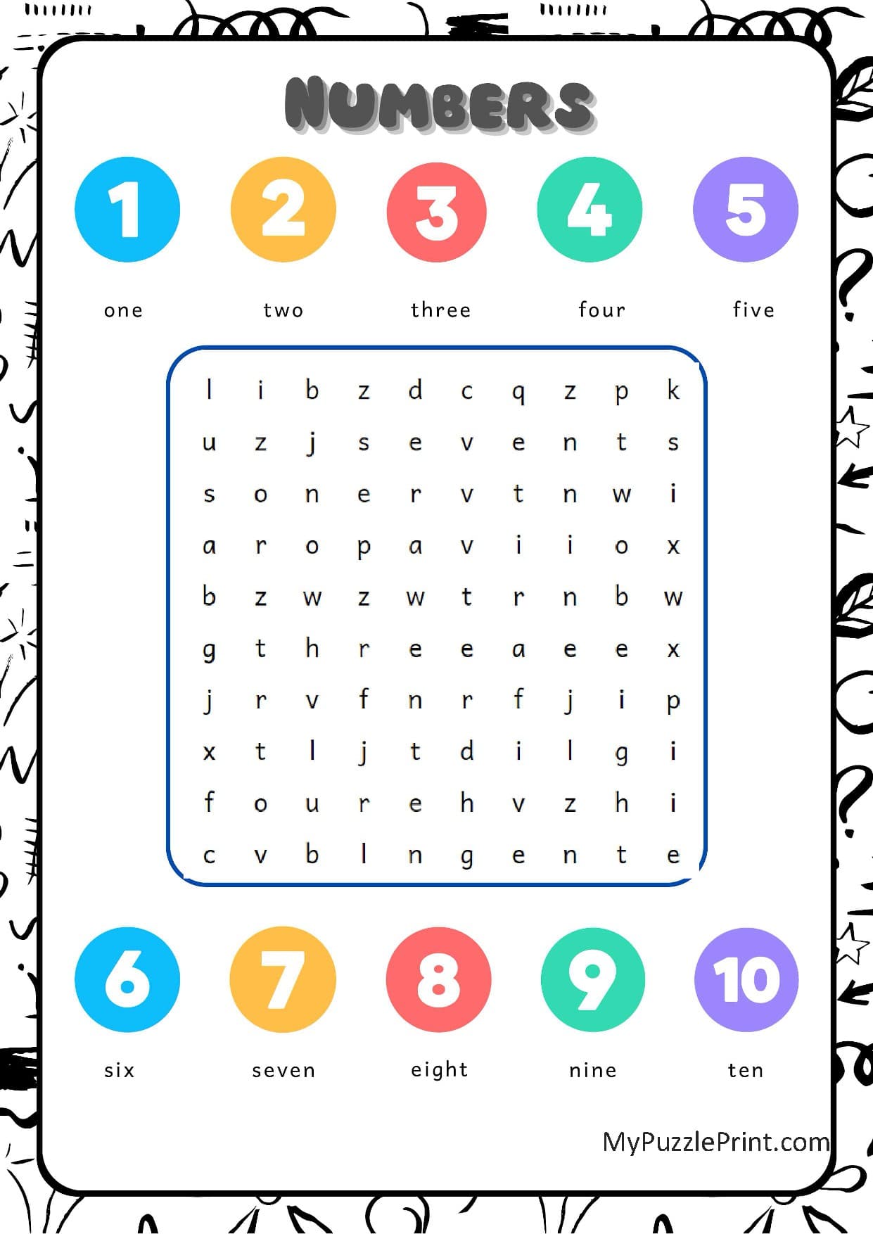 Numbers 1-10 Word Search Puzzle #01 (Easy)