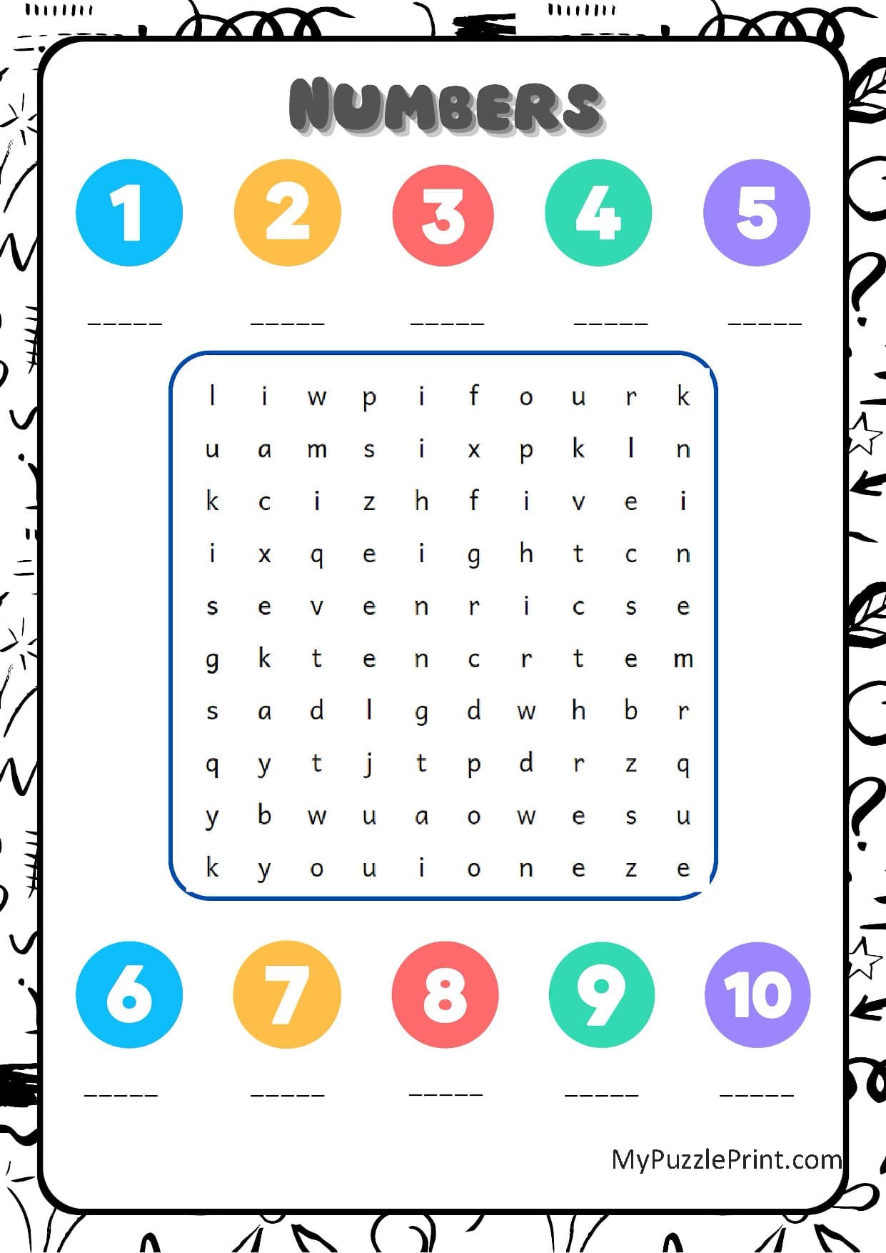 Numbers 1-10 Word Search Puzzle #06 (Hard)