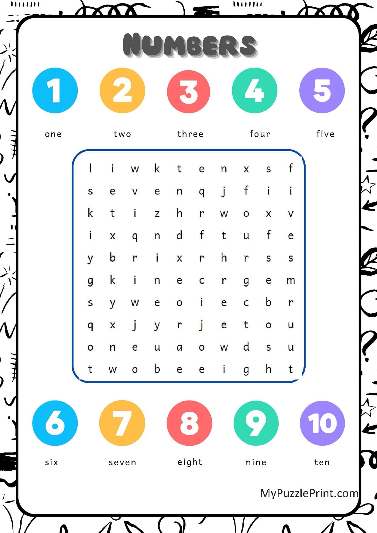 Numbers 1-10 Word Search Puzzle #07 (Easy)