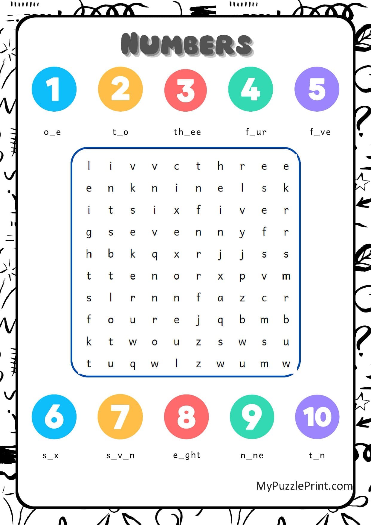 Numbers 1-10 Word Search Puzzle #08 (Medium)