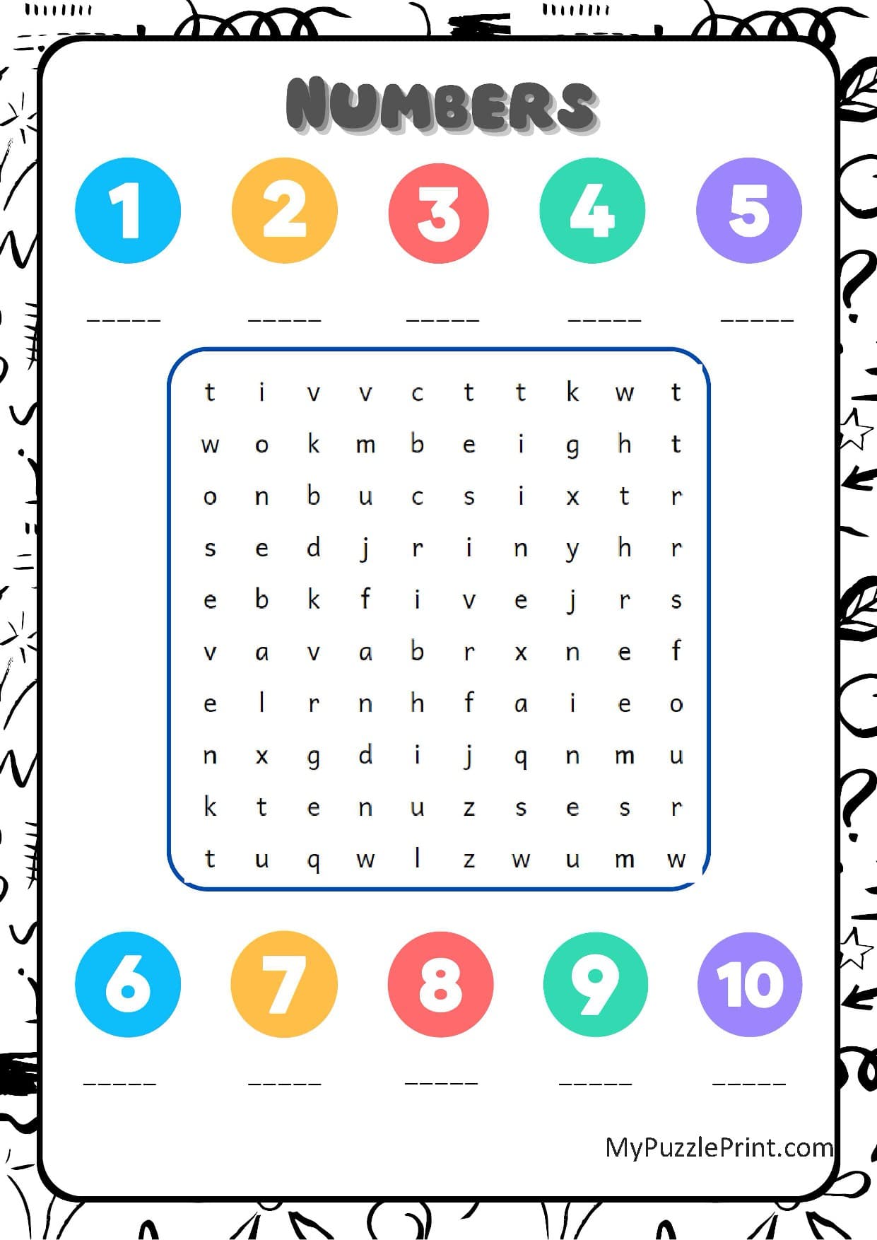 Numbers 1-10 Word Search Puzzle #09 (Hard)