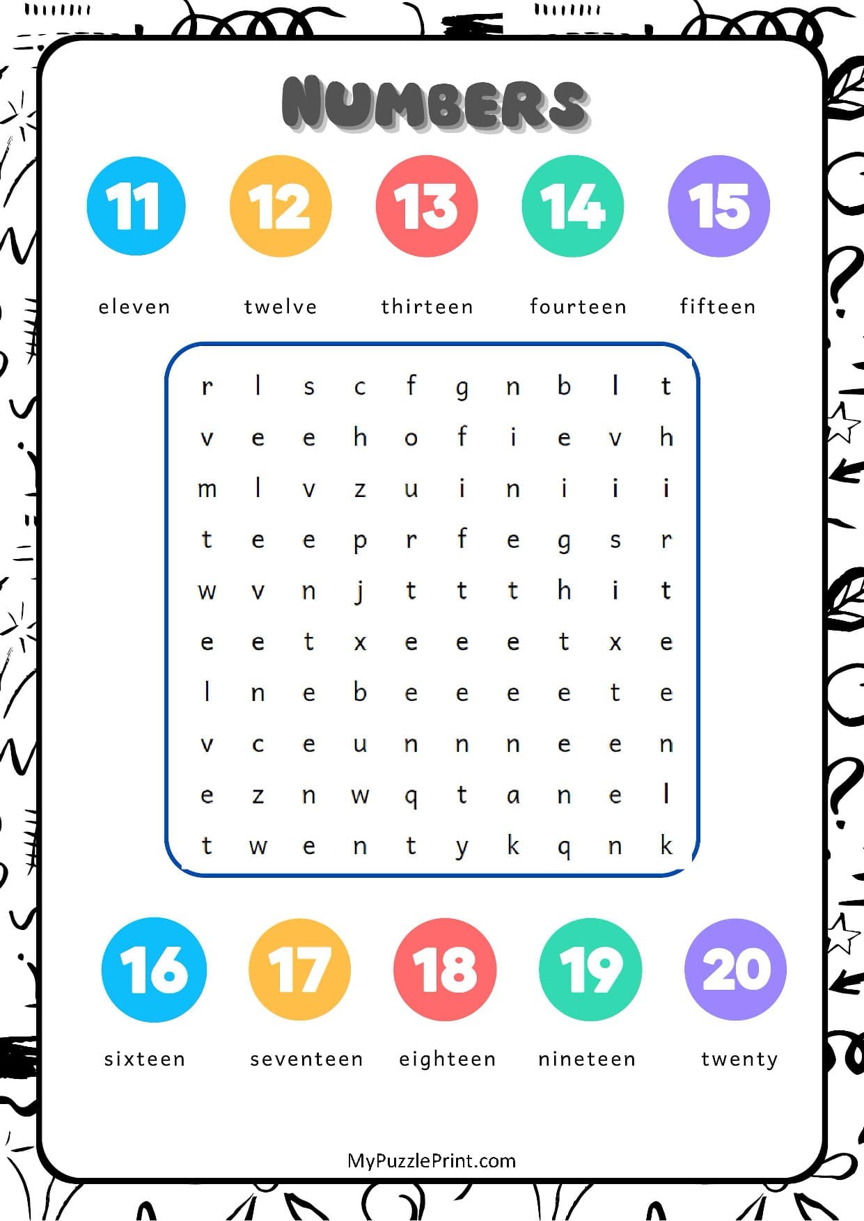Numbers 11-20 Word Search Puzzle #01 (Easy)