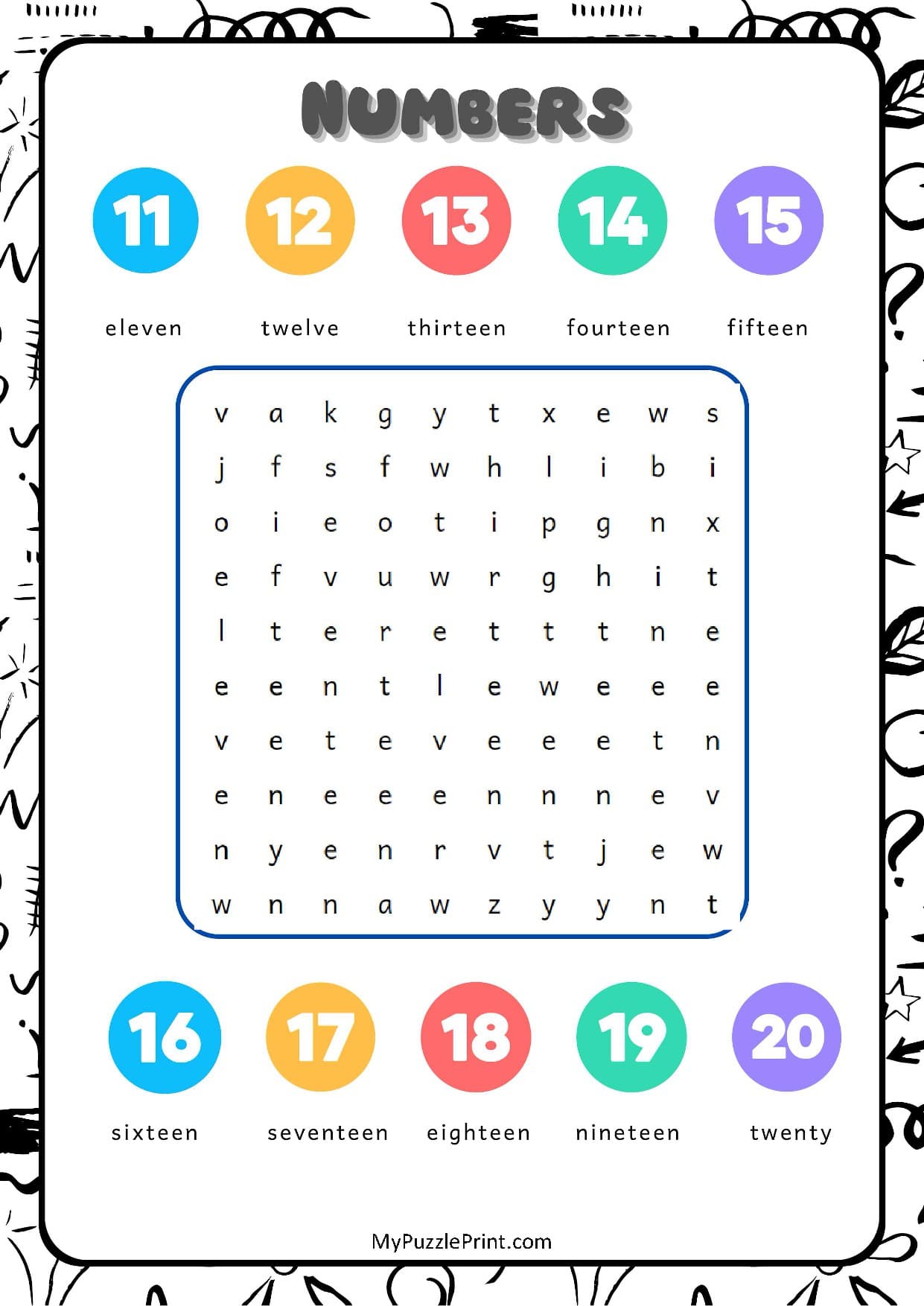 Numbers 11-20 Word Search Puzzle #04 (Easy)