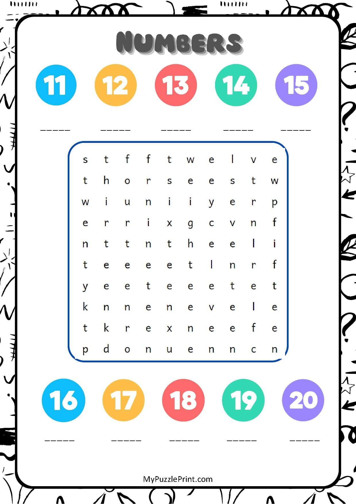 Numbers 11-20 Word Search Puzzle #09 (Hard)