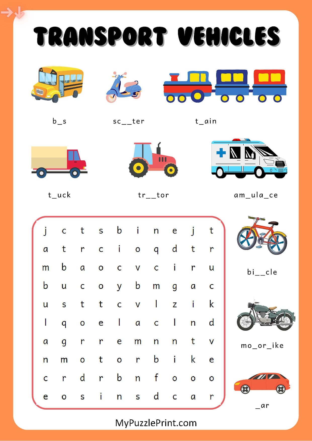Road Vehicles Word Search Puzzle #02 (Medium)