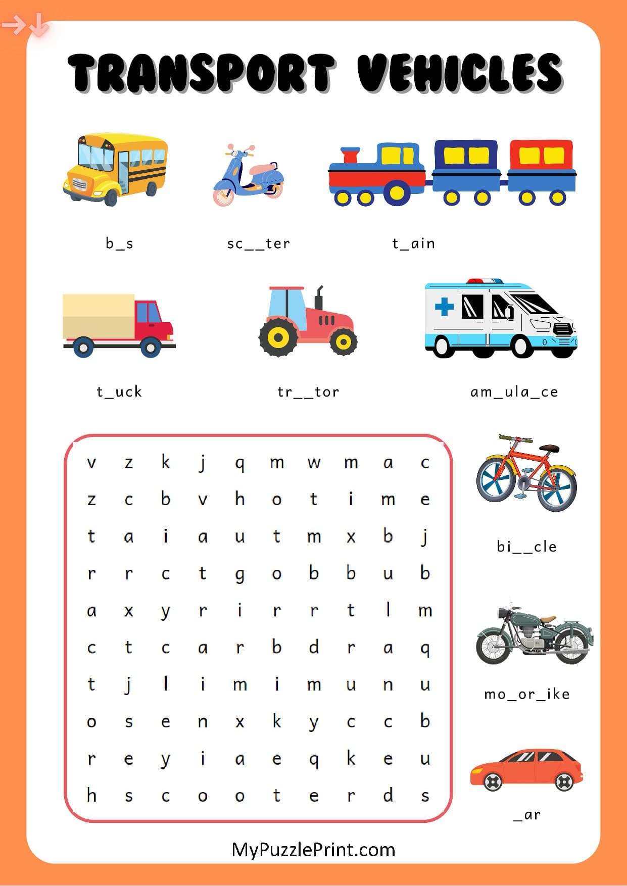 Road Vehicles Word Search Puzzle #05 (Medium)