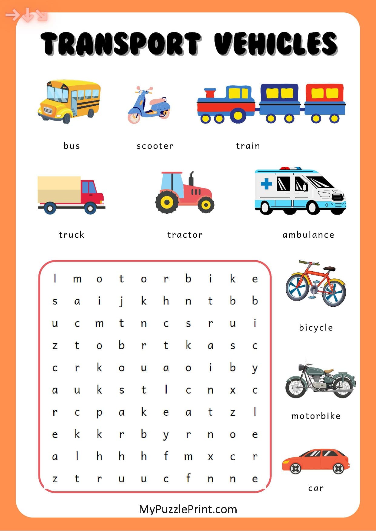 Road Vehicles Word Search Puzzle #10 (Easy)