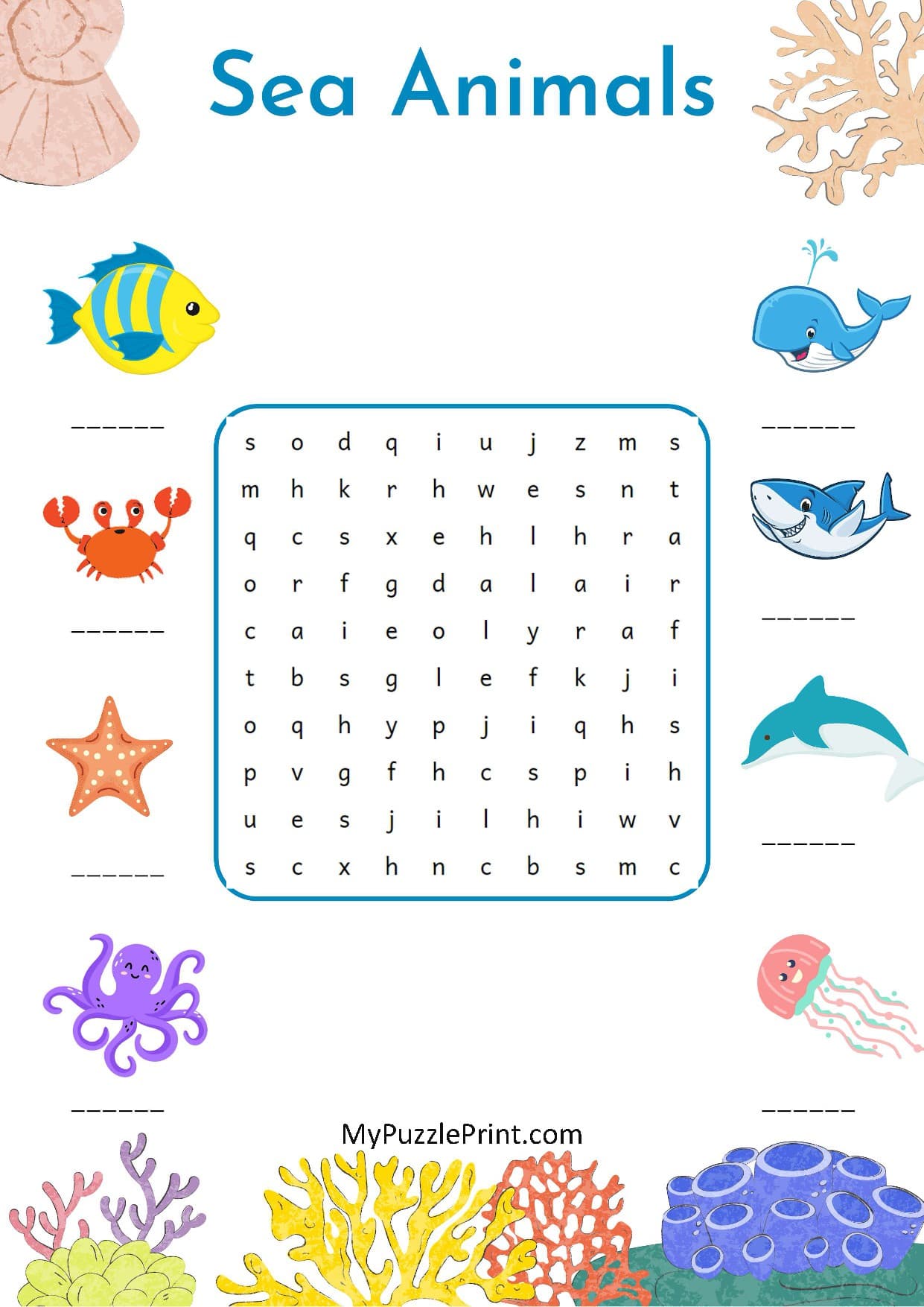 Sea Animals Word Search Puzzle #06 (Hard)