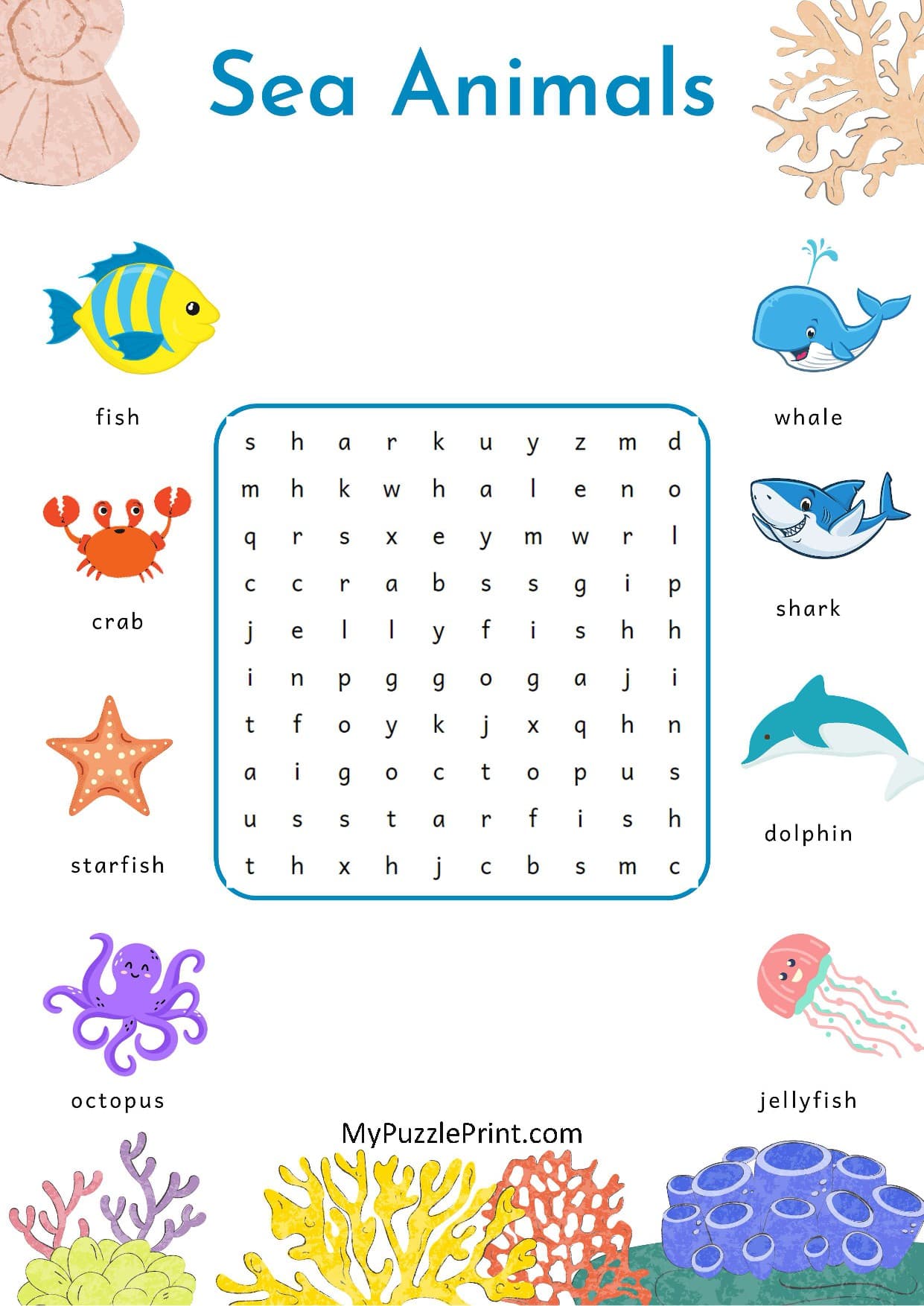 Sea Animals Word Search Puzzle #07 (Easy)