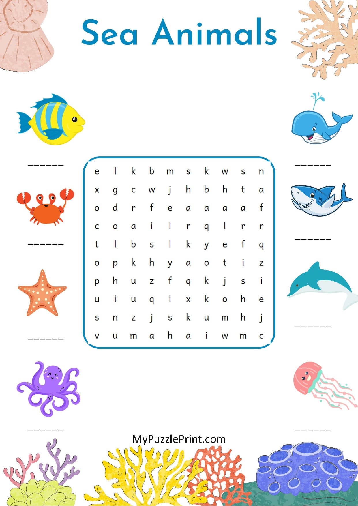 Sea Animals Word Search Puzzle #09 (Hard)