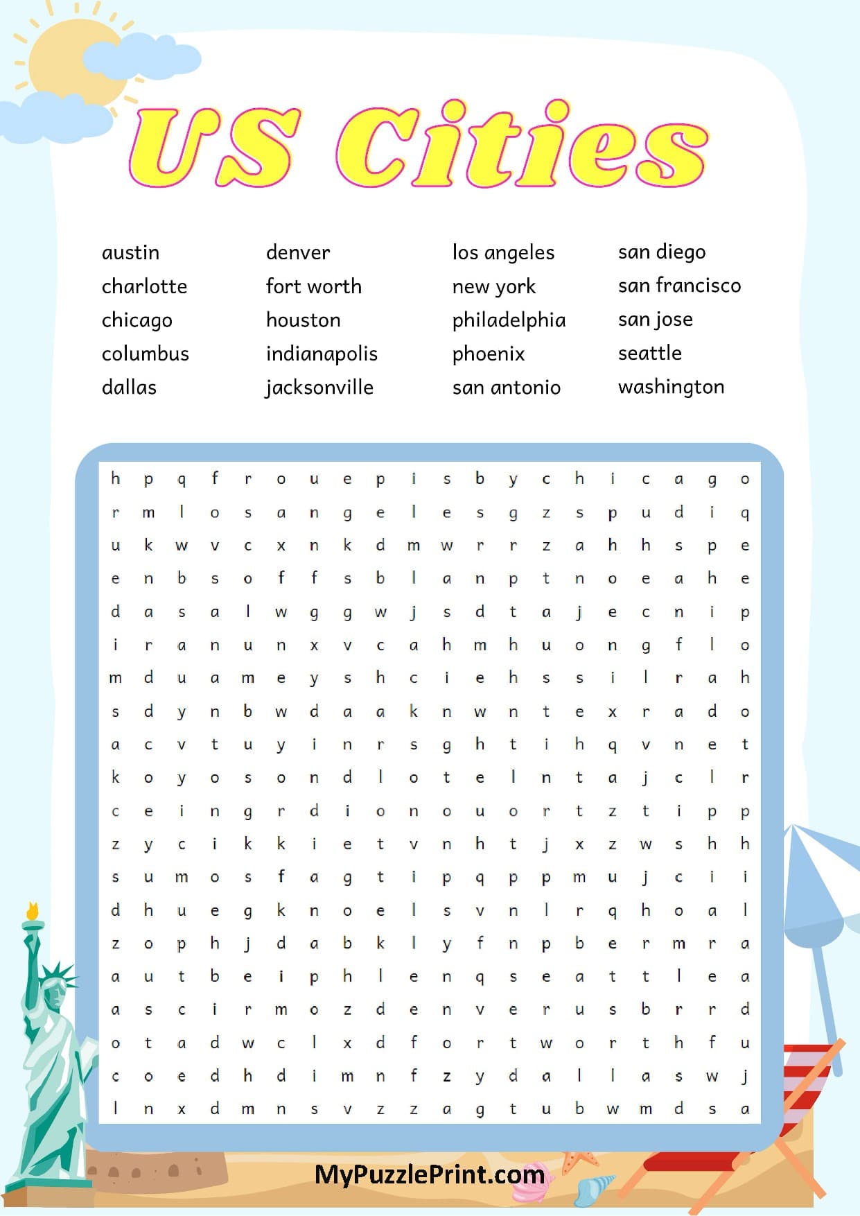 Sopa de Letras Cidades dos EUA #01 (Difícil)